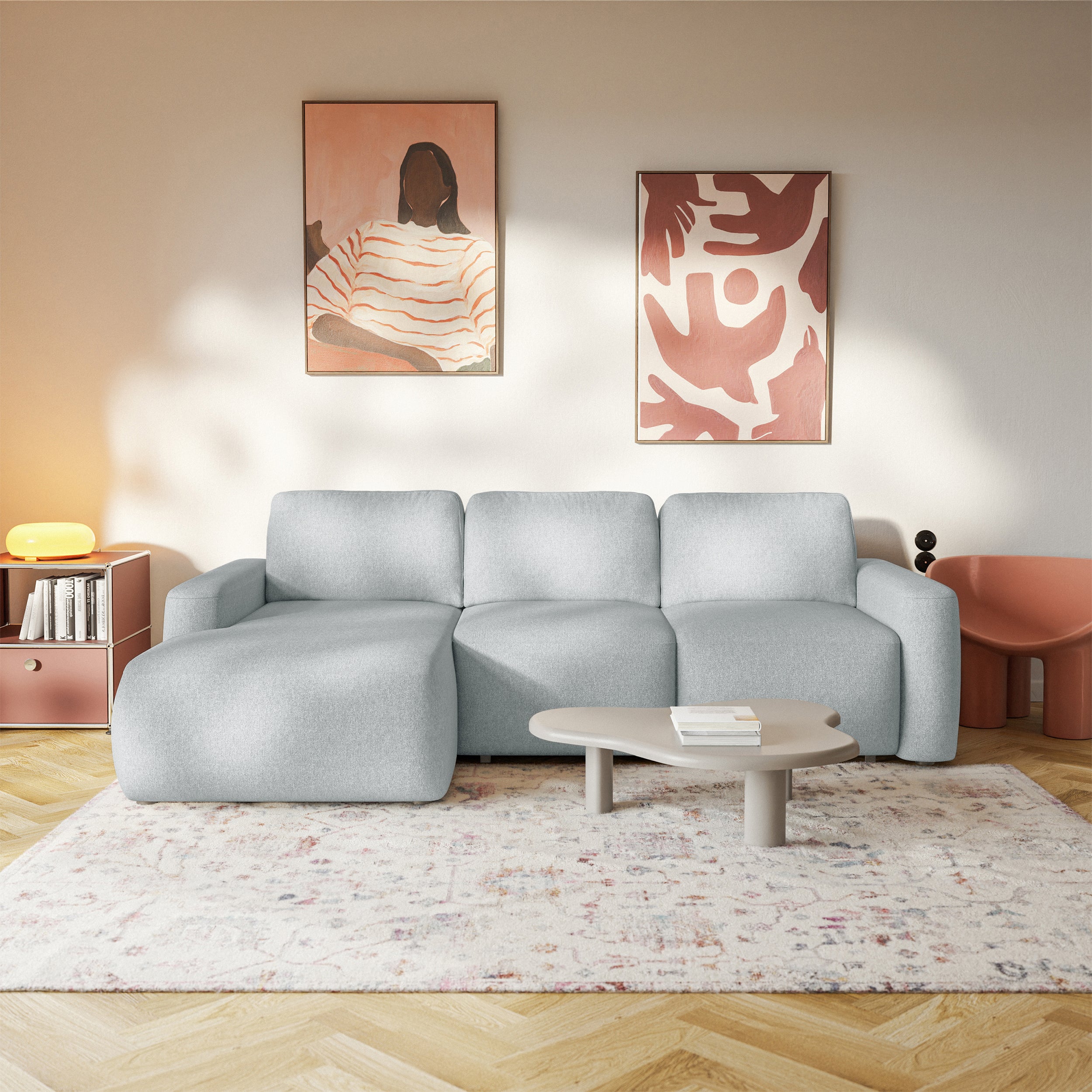 Ecksofa mit Schlaffunktion Carnos Mini, L-förmig, linksseitig, grau, pflegeleichter Chenille-Stoff