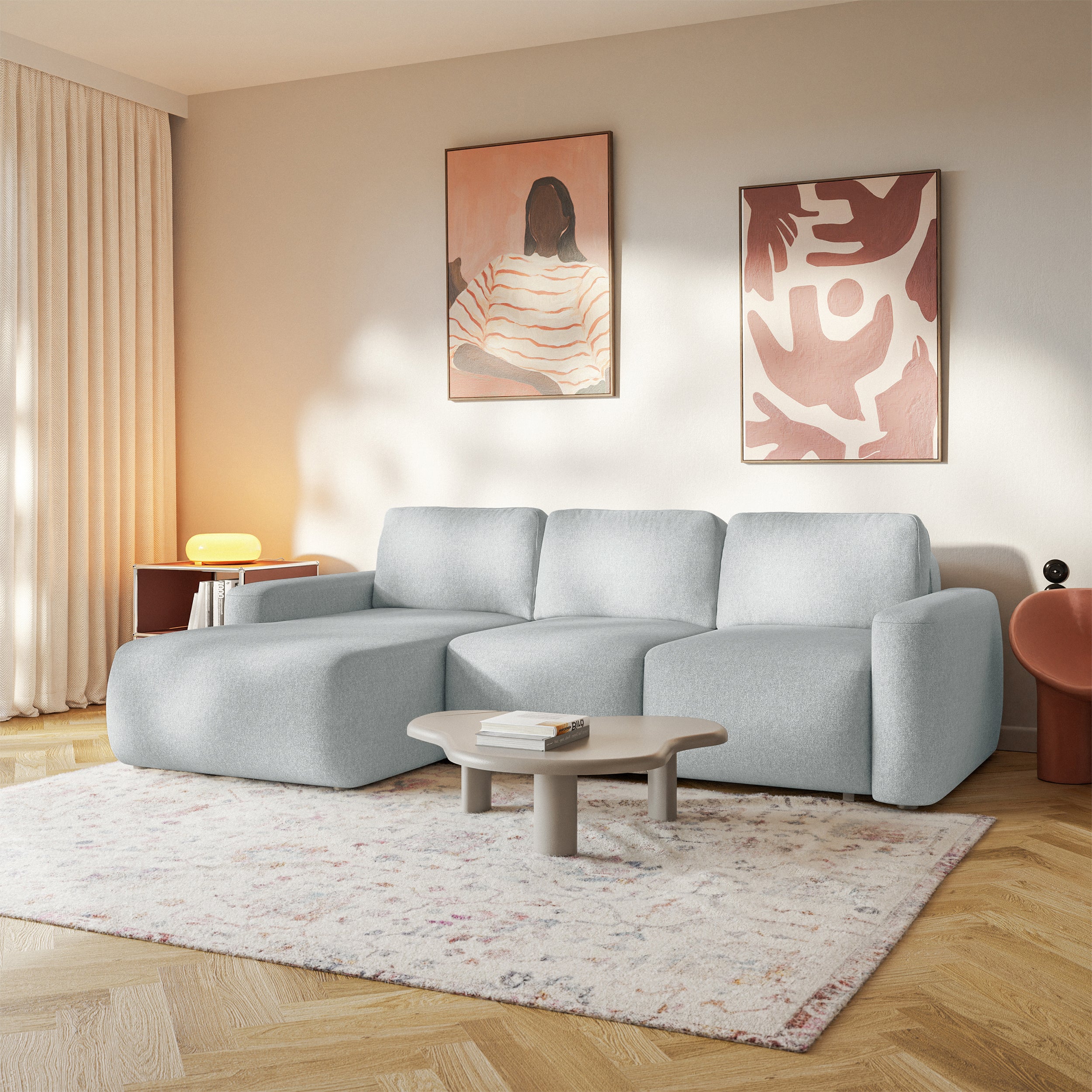 Ecksofa mit Schlaffunktion Carnos Mini, L-förmig, linksseitig, grau, pflegeleichter Chenille-Stoff