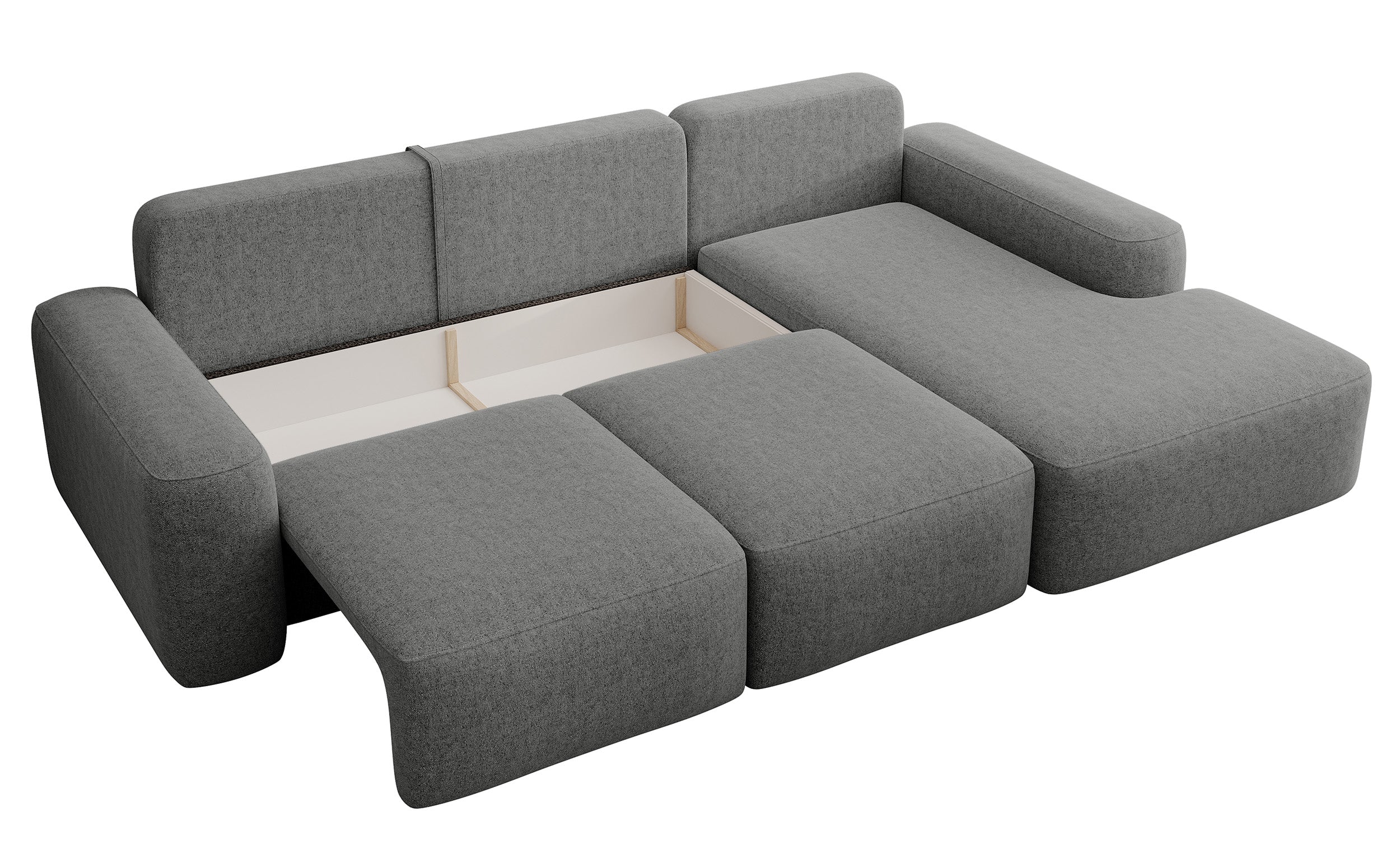 Ecksofa mit Schlaffunktion Carnos, L-förmig, mit Ball, einzelne Kissen, dunkelgrauer hydrophober Chenille-Stoff, rechtsseitig