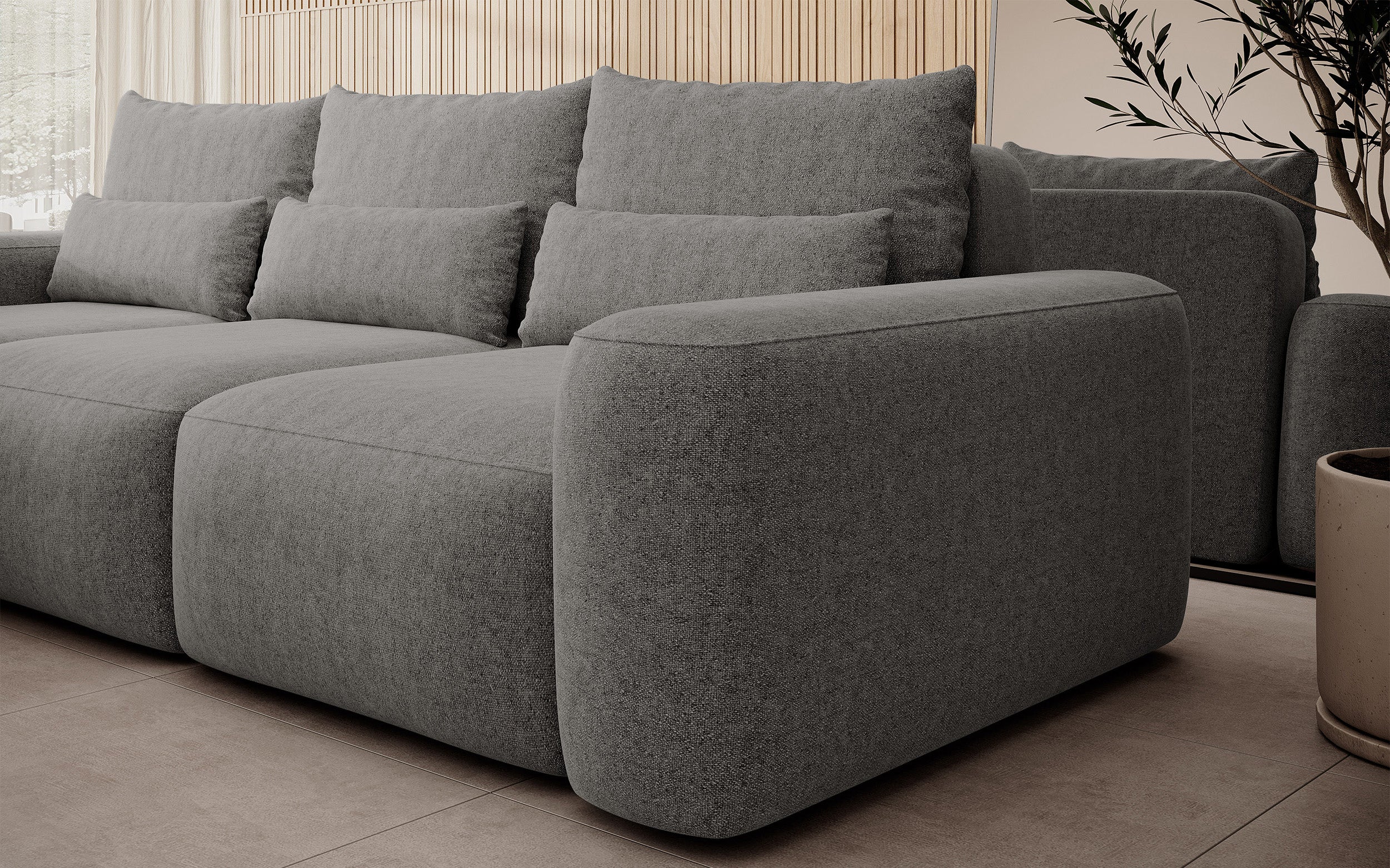 Ecksofa mit Schlaffunktion Carnos, L-förmig, mit zusätzlichen Lendenkissen, dunkelgrauer hydrophober Chenille-Stoff, linksseitig