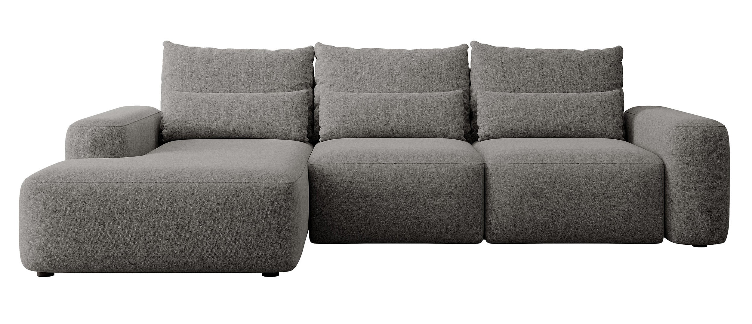 Ecksofa mit Schlaffunktion Carnos, L-förmig, mit zusätzlichen Lendenkissen, dunkelgrauer hydrophober Chenille-Stoff, linksseitig