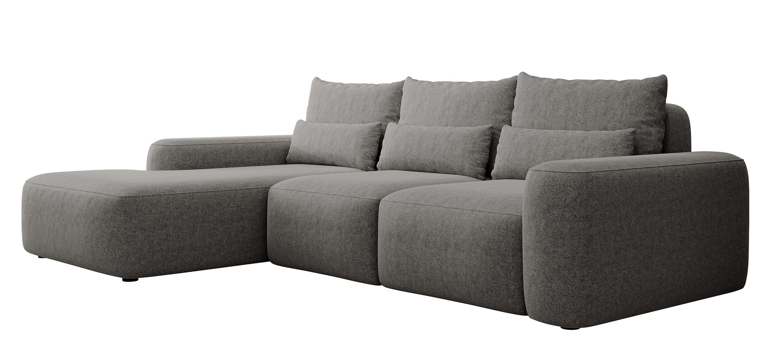 Ecksofa mit Schlaffunktion Carnos, L-förmig, mit zusätzlichen Lendenkissen, dunkelgrauer hydrophober Chenille-Stoff, linksseitig