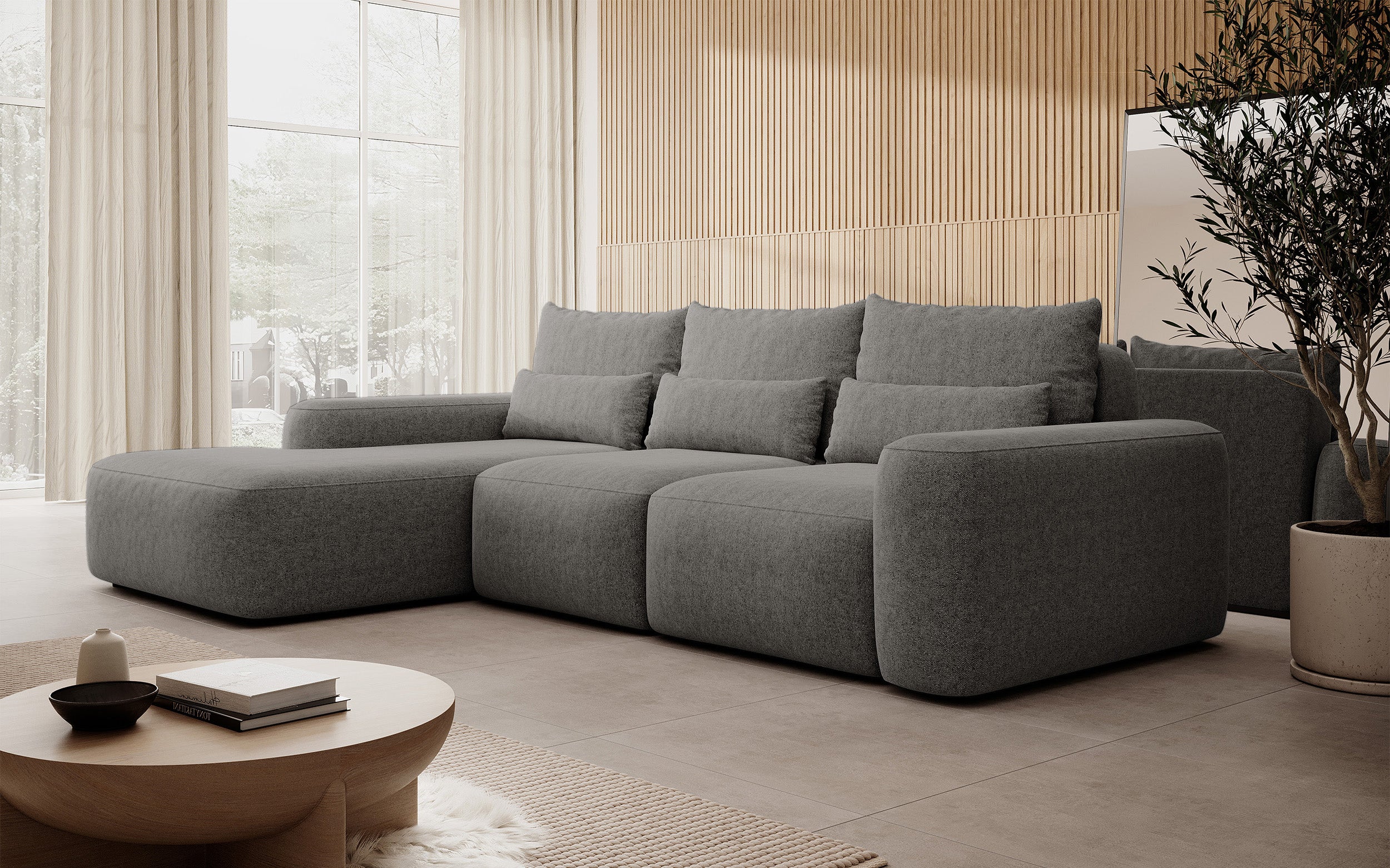 Ecksofa mit Schlaffunktion Carnos, L-förmig, mit zusätzlichen Lendenkissen, dunkelgrauer hydrophober Chenille-Stoff, linksseitig