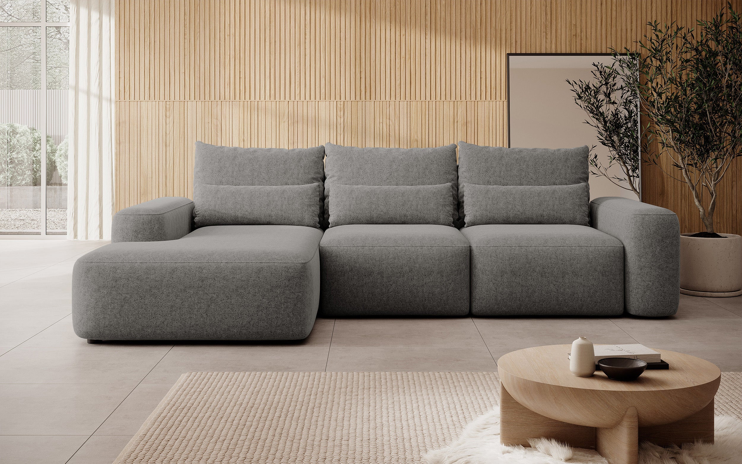 Ecksofa mit Schlaffunktion Carnos, L-förmig, mit zusätzlichen Lendenkissen, dunkelgrauer hydrophober Chenille-Stoff, linksseitig