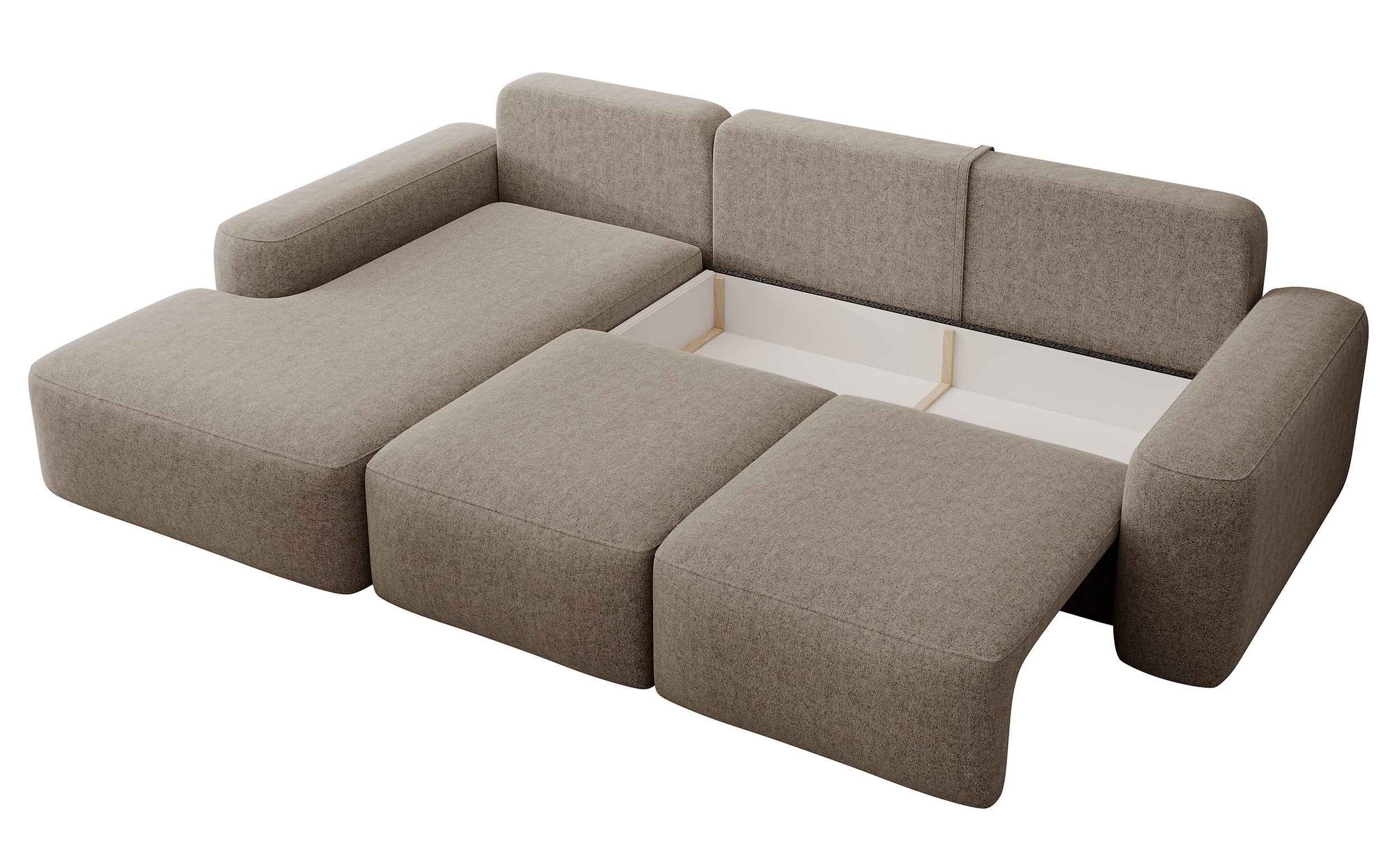 Ecksofa mit Schlaffunktion Carnos, L-förmig, mit zusätzlichen Lendenkissen, hellbrauner hydrophober Chenille-Stoff, linksseitig