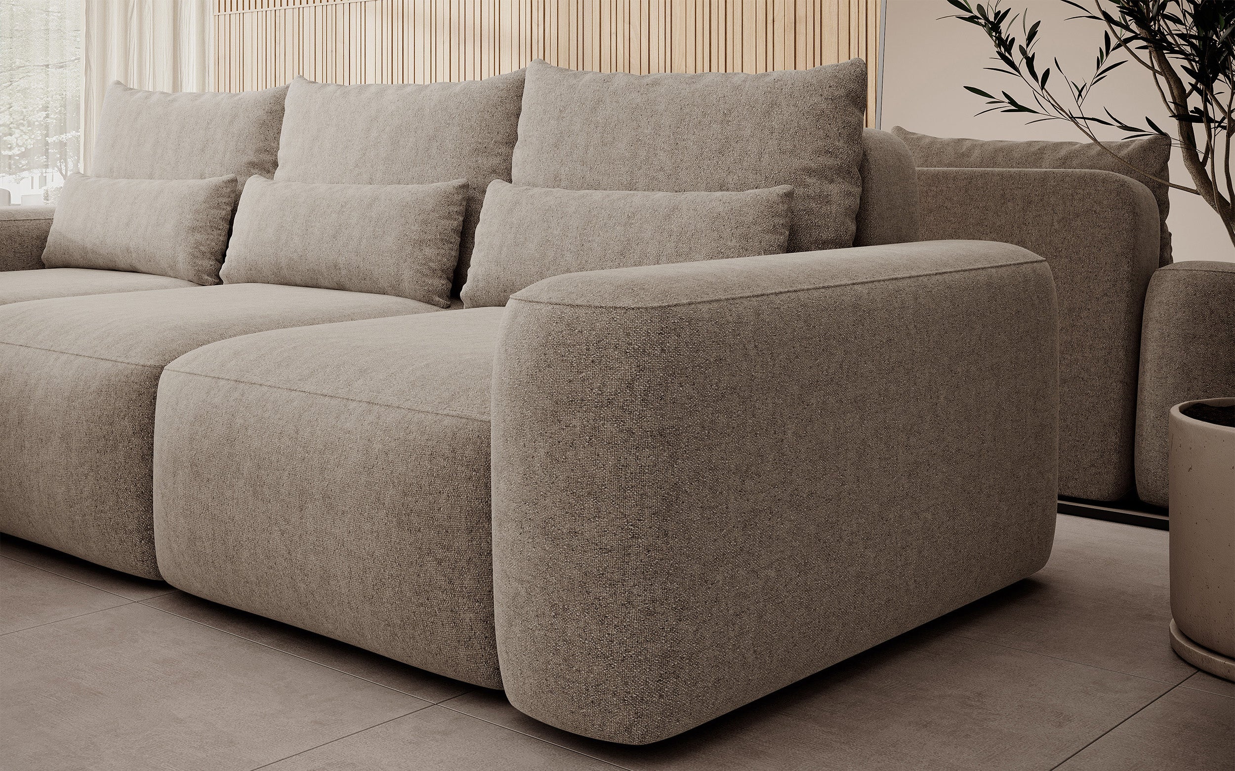 Ecksofa mit Schlaffunktion Carnos, L-förmig, mit zusätzlichen Lendenkissen, hellbrauner hydrophober Chenille-Stoff, linksseitig