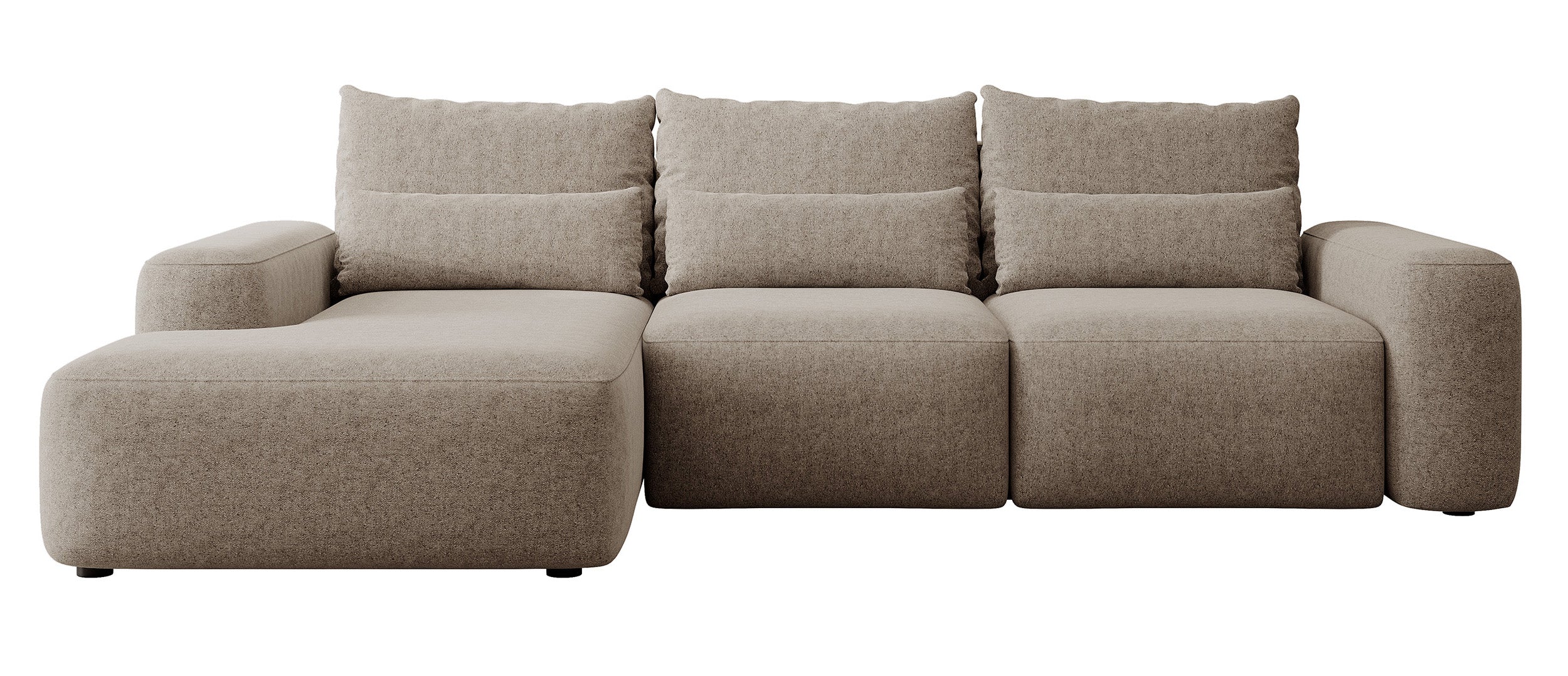 Ecksofa mit Schlaffunktion Carnos, L-förmig, mit zusätzlichen Lendenkissen, hellbrauner hydrophober Chenille-Stoff, linksseitig