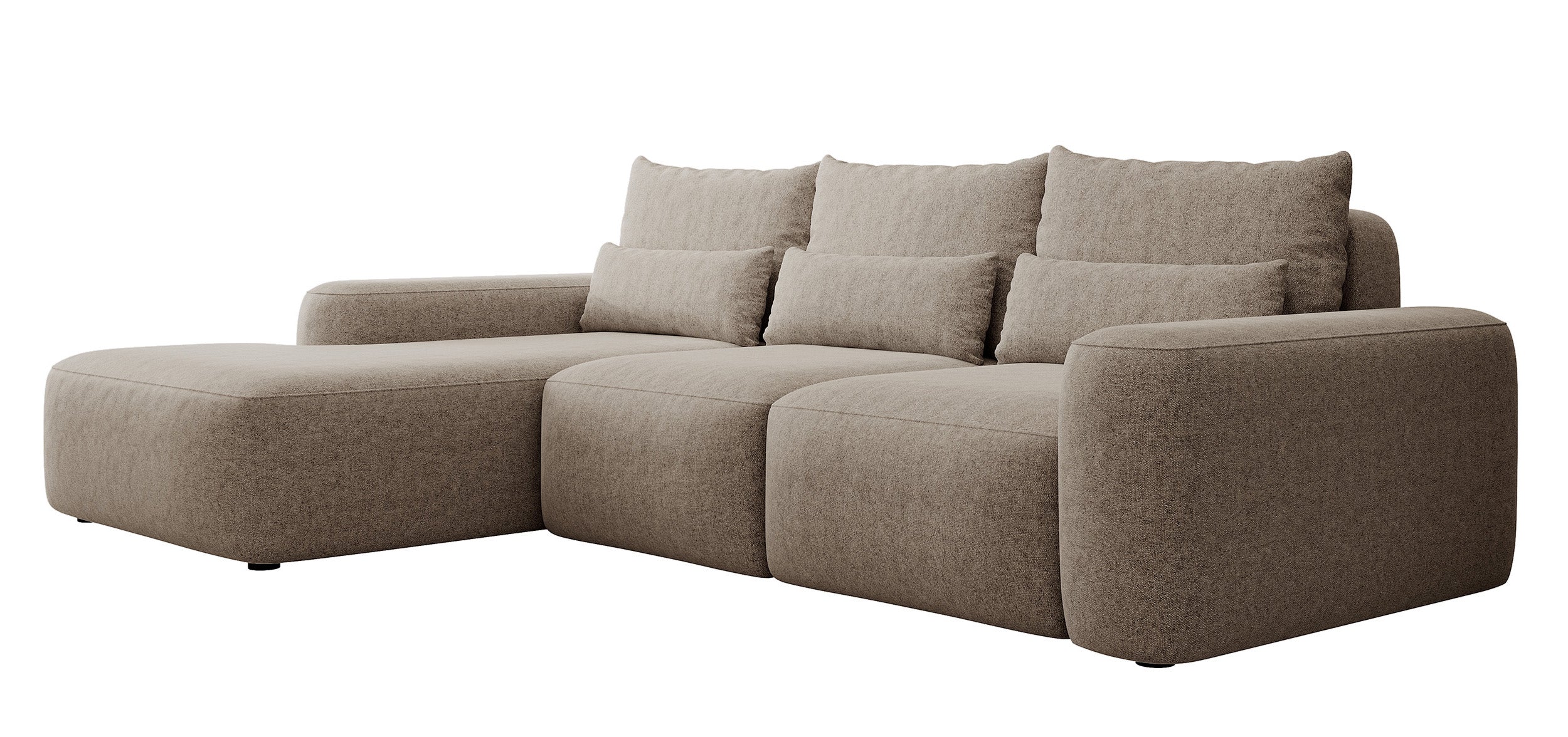 Ecksofa mit Schlaffunktion Carnos, L-förmig, mit zusätzlichen Lendenkissen, hellbrauner hydrophober Chenille-Stoff, linksseitig