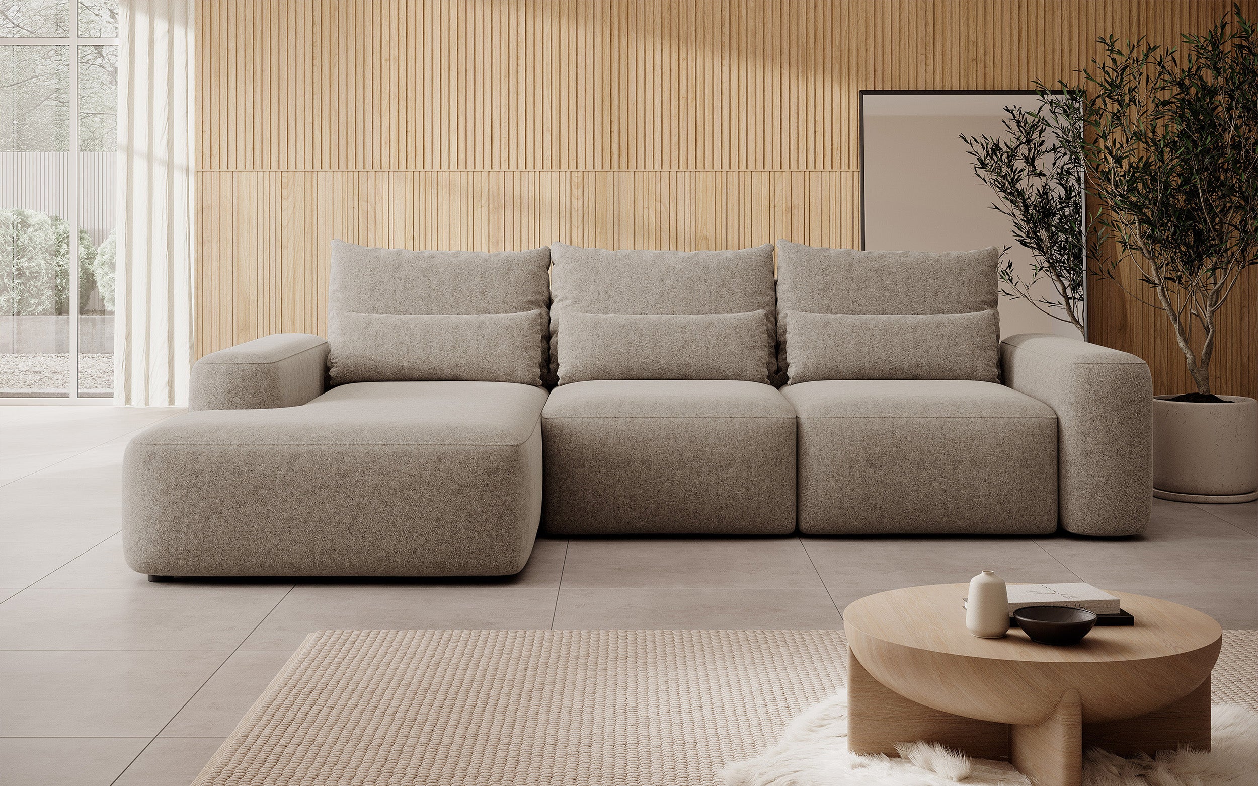 Ecksofa mit Schlaffunktion Carnos, L-förmig, mit zusätzlichen Lendenkissen, hellbrauner hydrophober Chenille-Stoff, linksseitig
