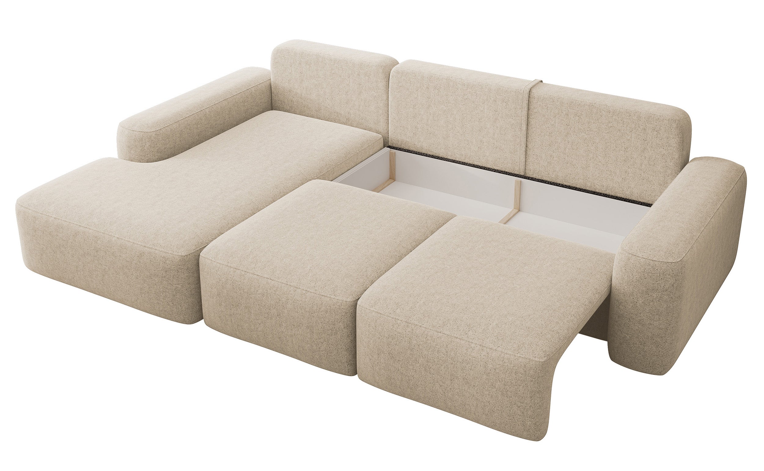 Ecksofa mit Schlaffunktion Carnos, L-förmig, mit zusätzlichen Lendenkissen, beige, hydrophober Chenille-Stoff, linksseitig