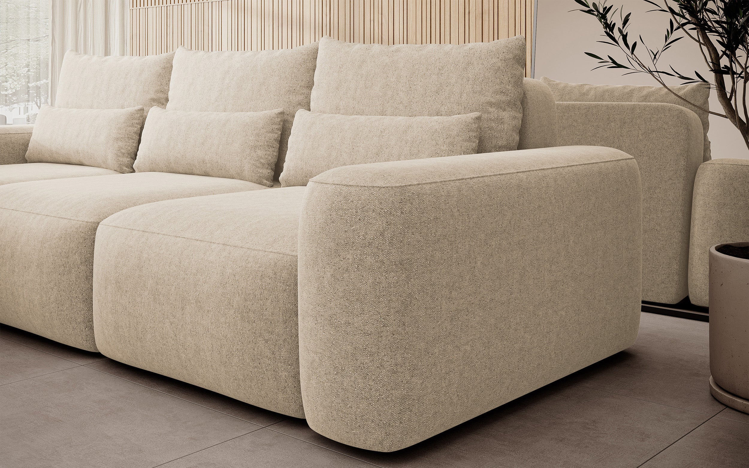 Ecksofa mit Schlaffunktion Carnos, L-förmig, mit zusätzlichen Lendenkissen, beige, hydrophober Chenille-Stoff, linksseitig