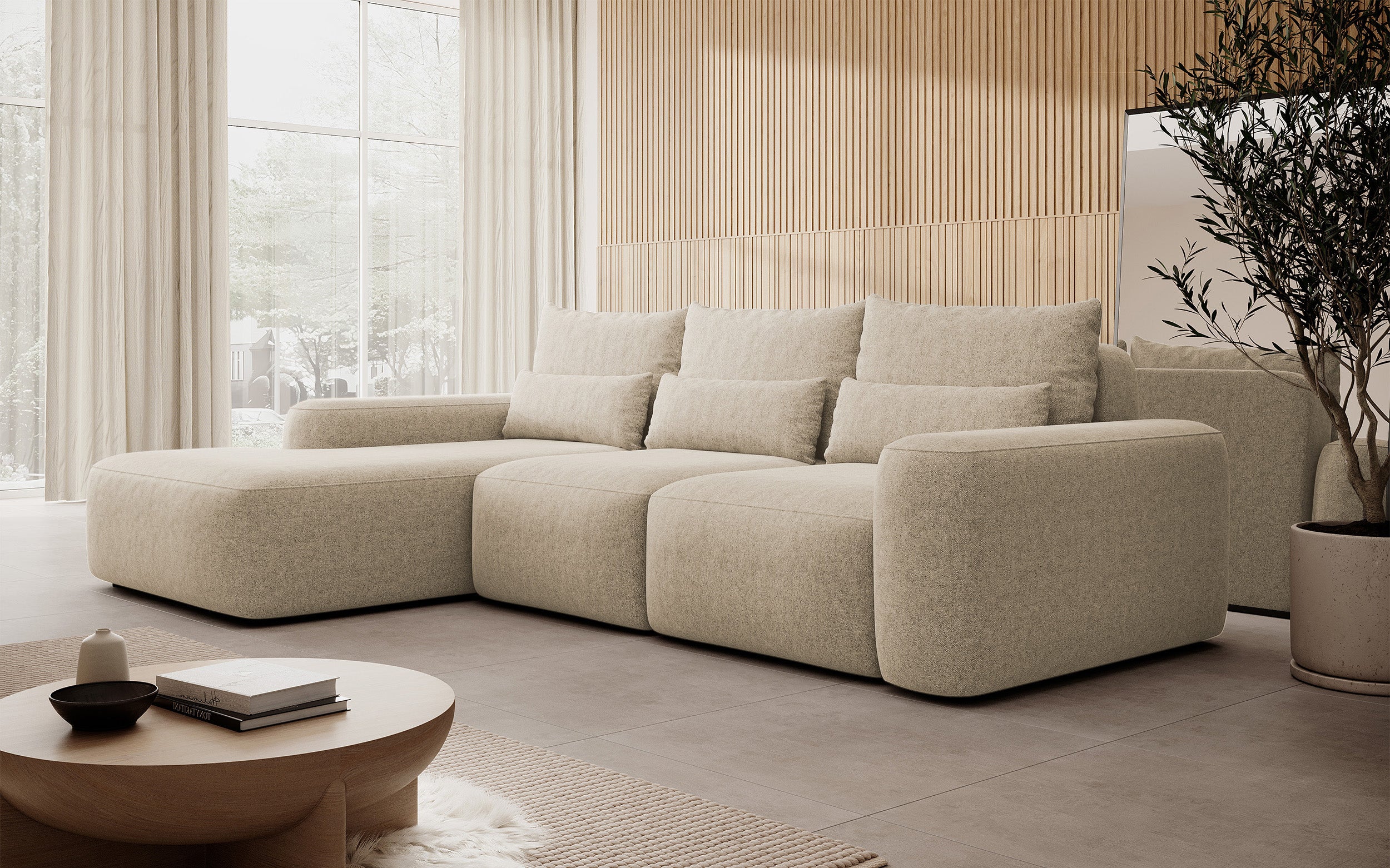 Ecksofa mit Schlaffunktion Carnos, L-förmig, mit zusätzlichen Lendenkissen, beige, hydrophober Chenille-Stoff, linksseitig