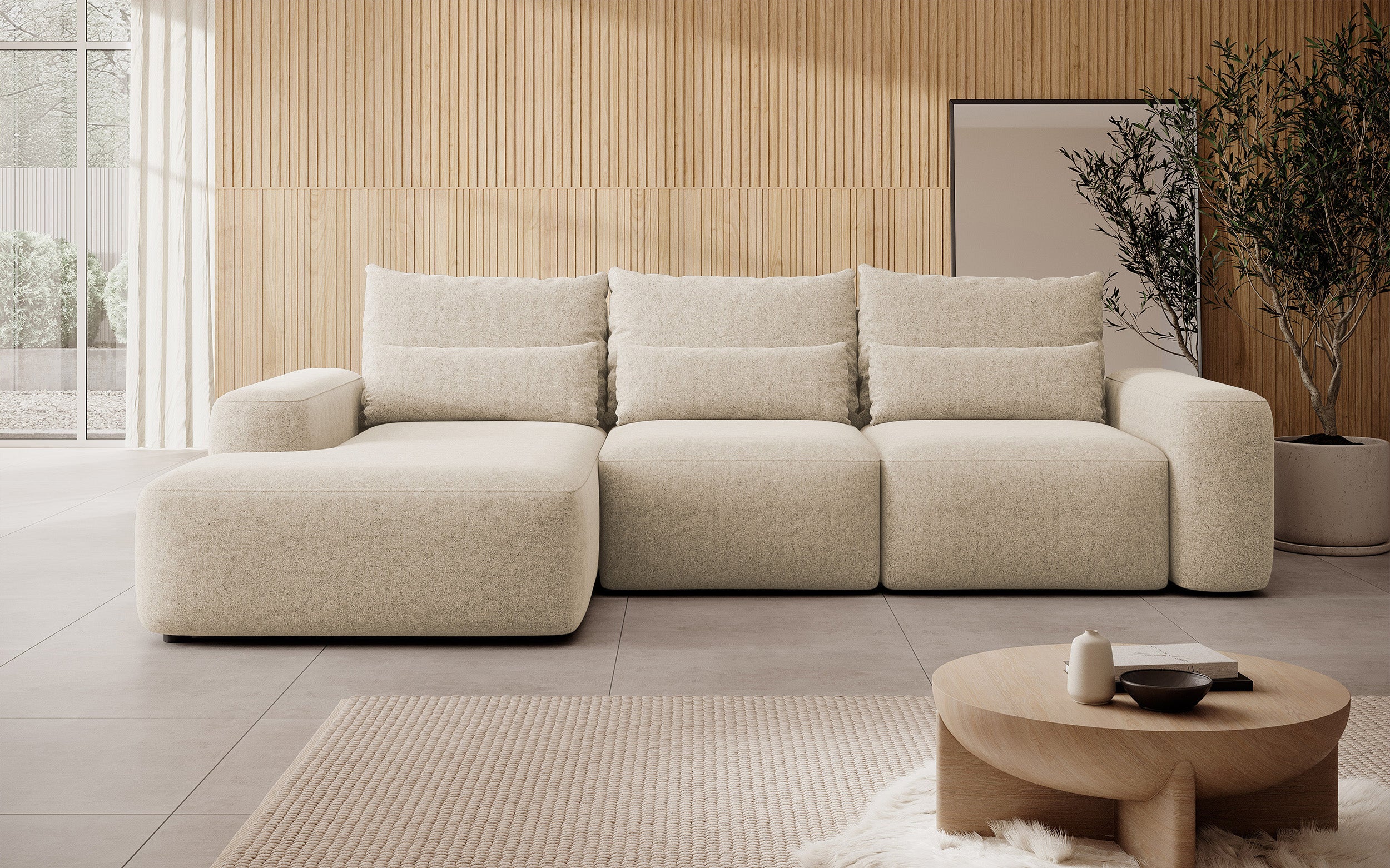 Ecksofa mit Schlaffunktion Carnos, L-förmig, mit zusätzlichen Lendenkissen, beige, hydrophober Chenille-Stoff, linksseitig