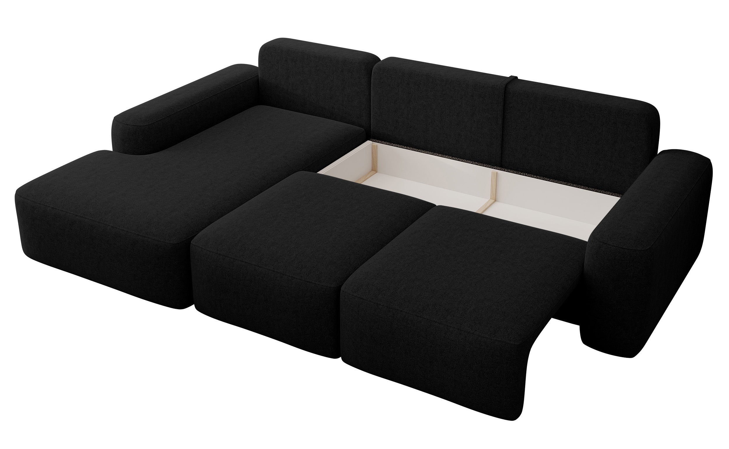 Ecksofa mit Schlafunktion Carnos, L-förmig, mit zusätzlichen Lendenkissen, schwarzer hydrophober Chenille, linksseitig