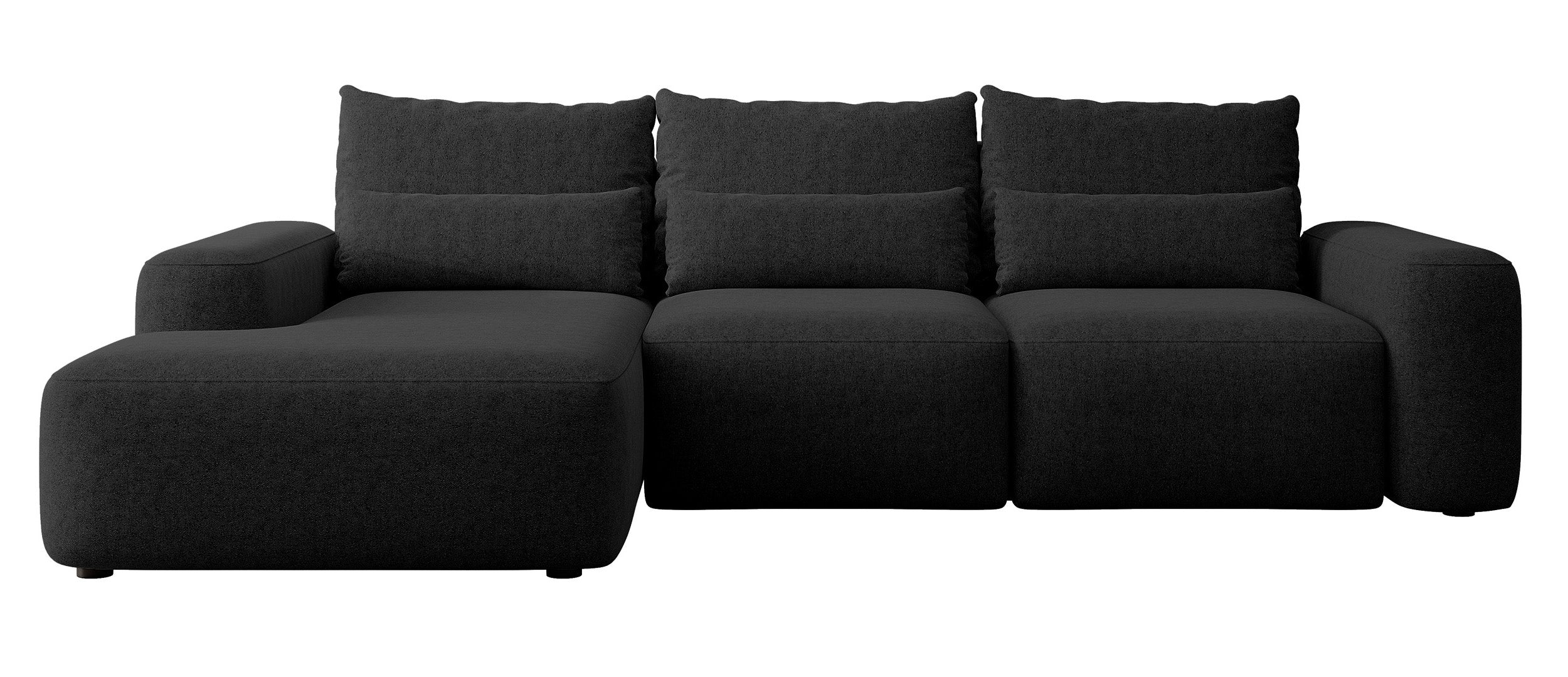 Ecksofa mit Schlafunktion Carnos, L-förmig, mit zusätzlichen Lendenkissen, schwarzer hydrophober Chenille, linksseitig