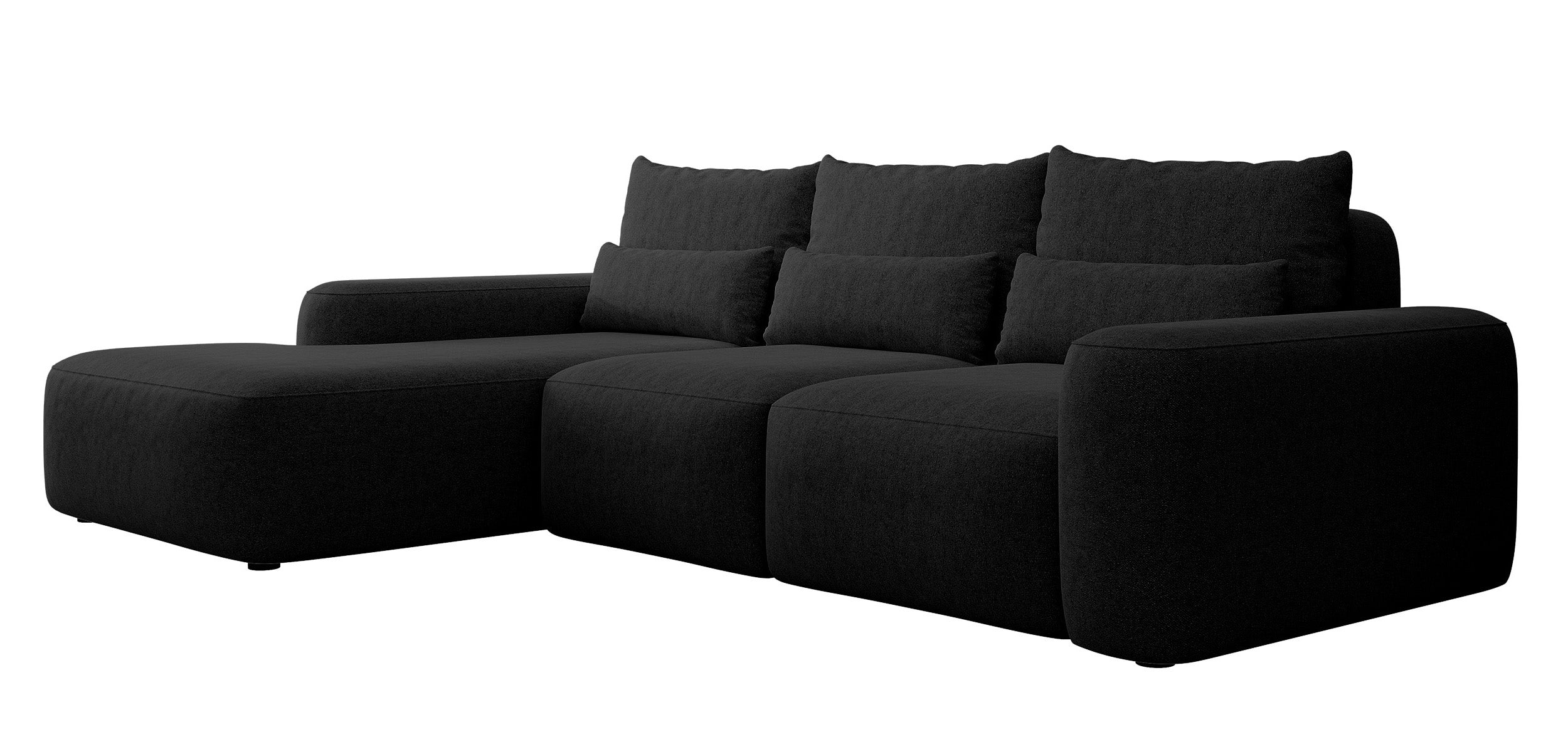 Ecksofa mit Schlafunktion Carnos, L-förmig, mit zusätzlichen Lendenkissen, schwarzer hydrophober Chenille, linksseitig