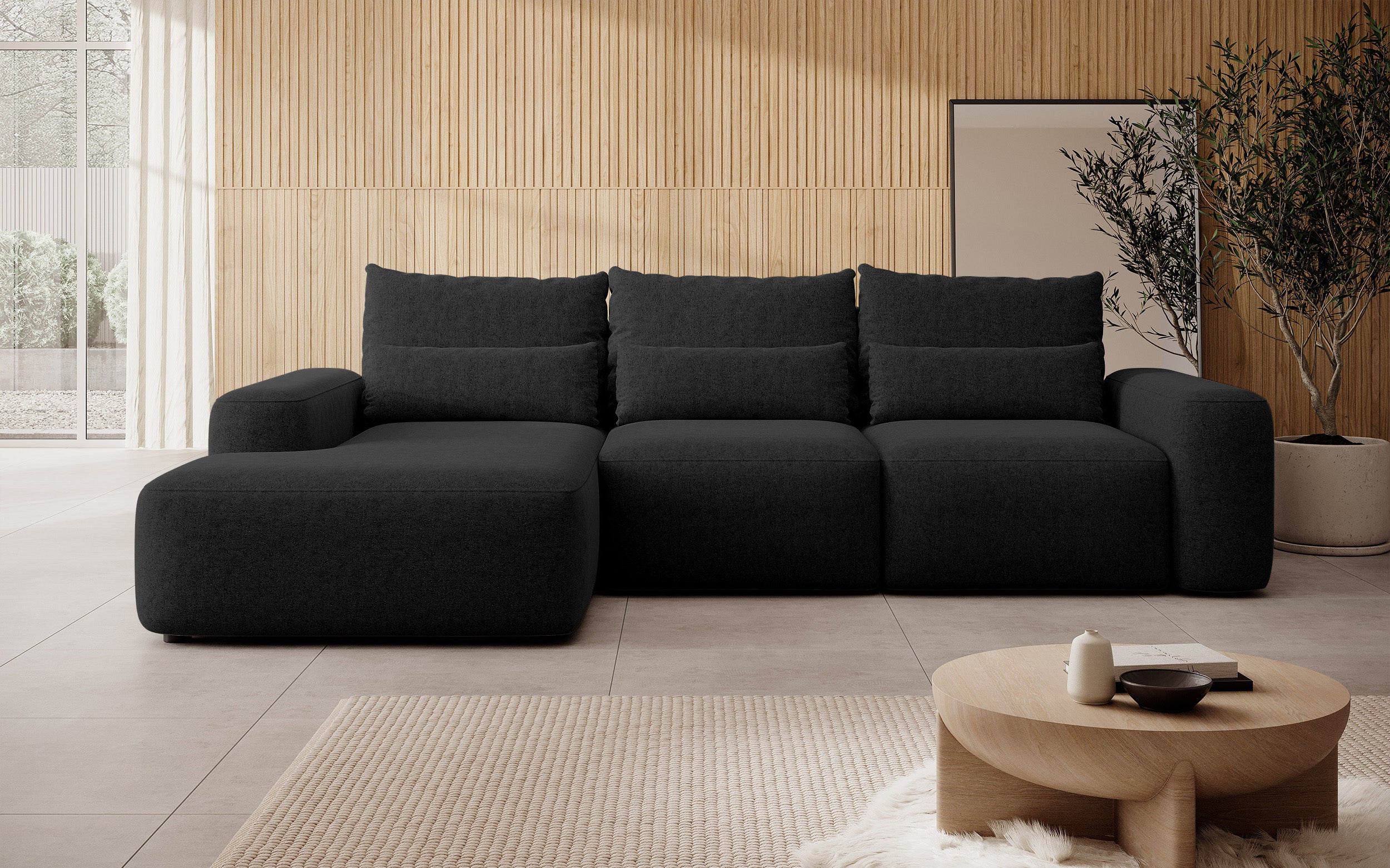 Ecksofa mit Schlafunktion Carnos, L-förmig, mit zusätzlichen Lendenkissen, schwarzer hydrophober Chenille, linksseitig
