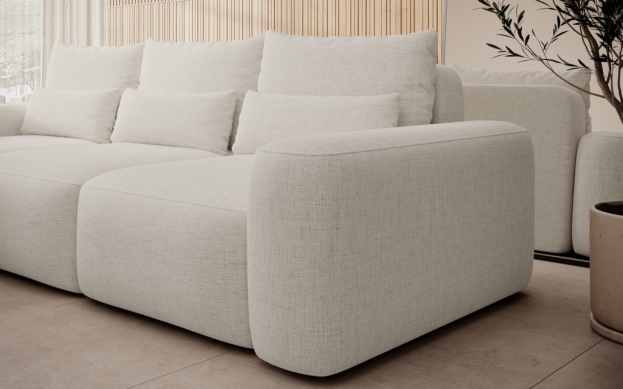 Ecksofa mit Schlaffunktion Carnos, L-förmig, mit zusätzlichen Lendenkissen, cremefarben, hydrophobes Chenille, linksseitig