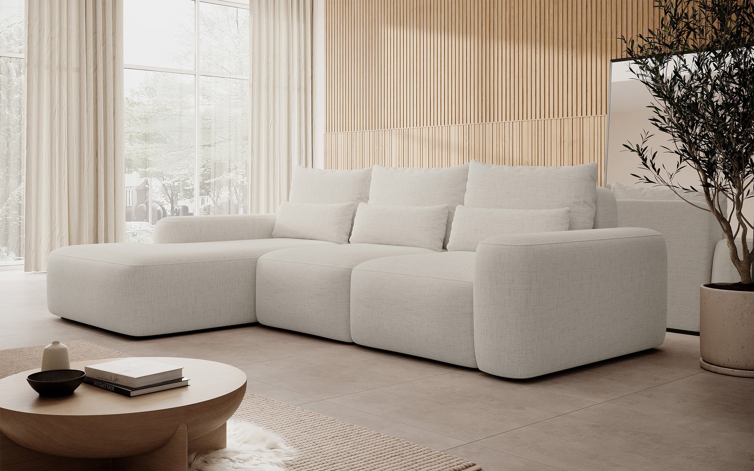 Ecksofa mit Schlaffunktion Carnos, L-förmig, mit zusätzlichen Lendenkissen, cremefarben, hydrophobes Chenille, linksseitig