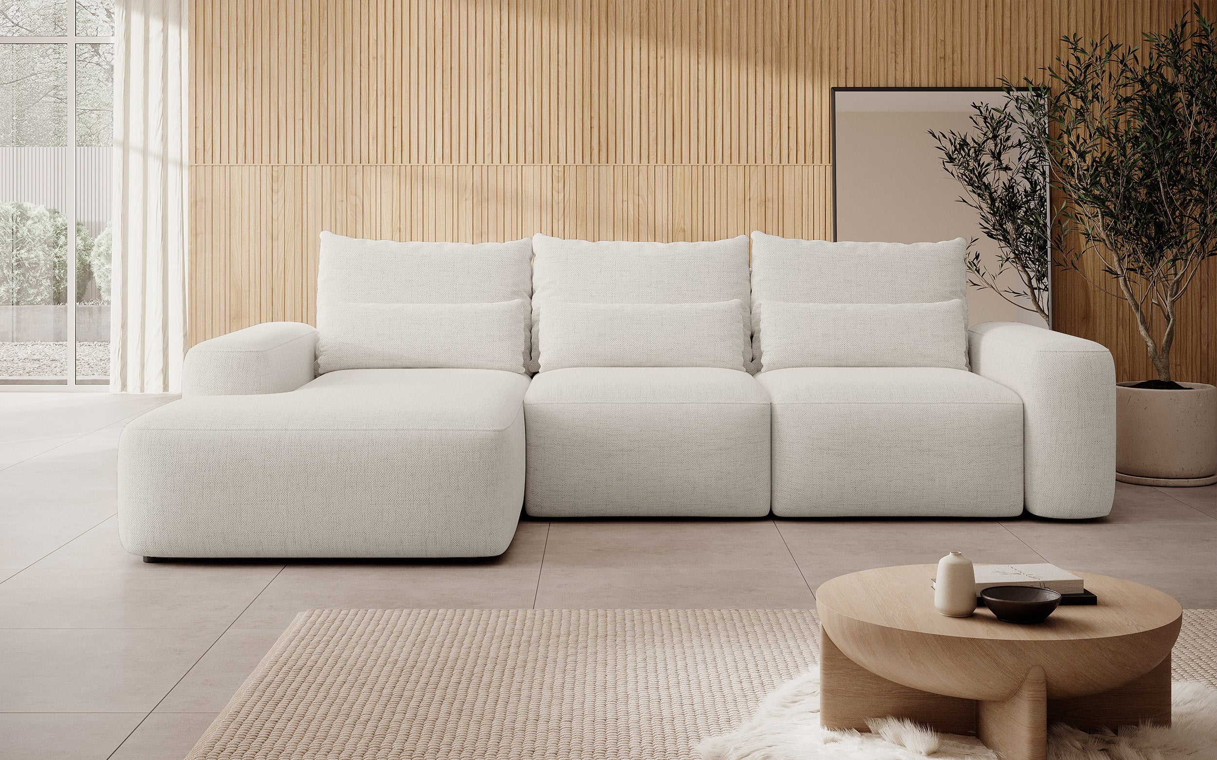 Ecksofa mit Schlaffunktion Carnos, L-förmig, mit zusätzlichen Lendenkissen, cremefarben, hydrophobes Chenille, linksseitig