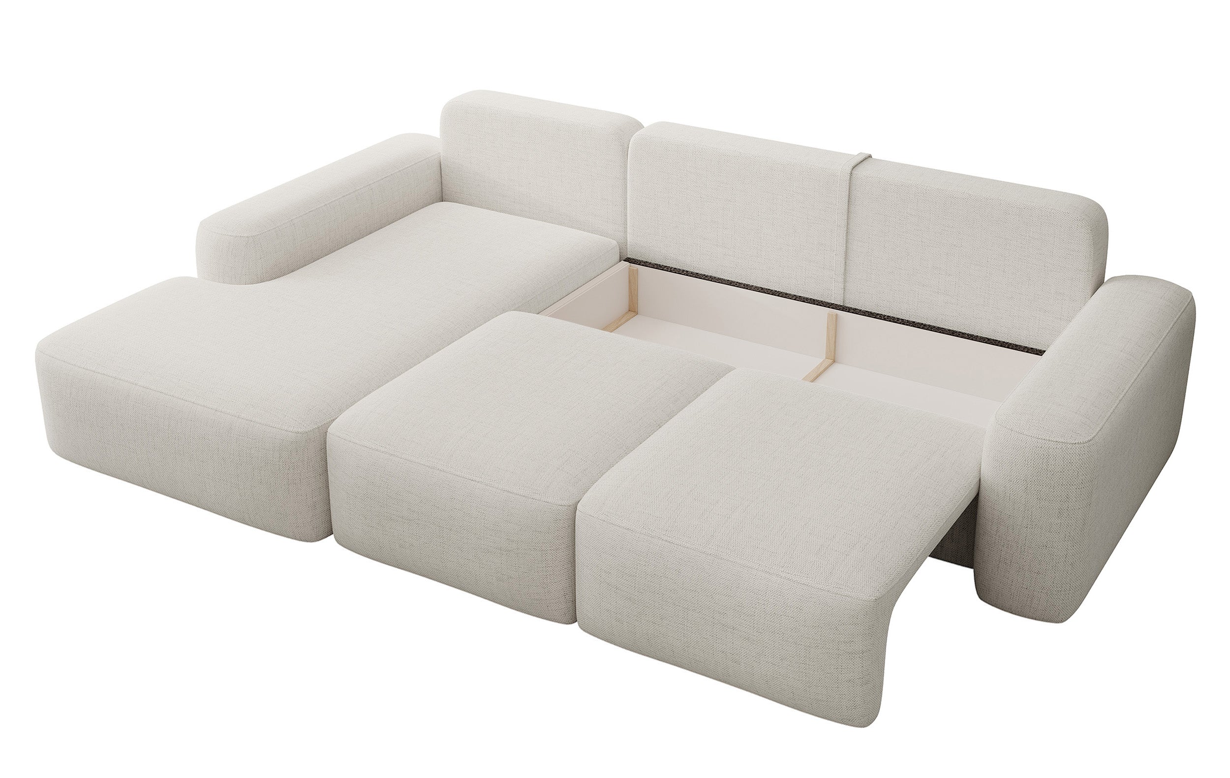Ecksofa mit Schlaffunktion Carnos, L-förmig, mit zusätzlichen Lendenkissen, cremefarben, hydrophobes Chenille, linksseitig