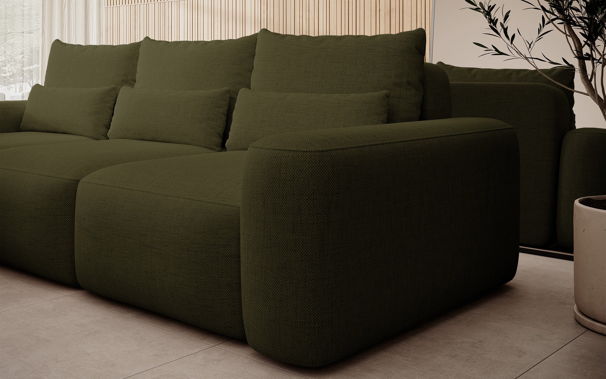 Ecksofa mit Schlaffunktion Carnos, L-förmig, mit zusätzlichen Lendenkissen, olivgrüner hydrophober Chenille-Stoff, linksseitig