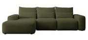 Ecksofa mit Schlaffunktion Carnos, L-förmig, mit zusätzlichen Lendenkissen, olivgrüner hydrophober Chenille-Stoff, linksseitig