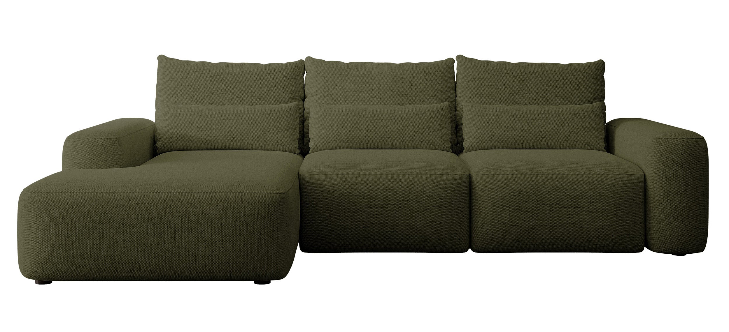 Ecksofa mit Schlaffunktion Carnos, L-förmig, mit zusätzlichen Lendenkissen, olivgrüner hydrophober Chenille-Stoff, linksseitig