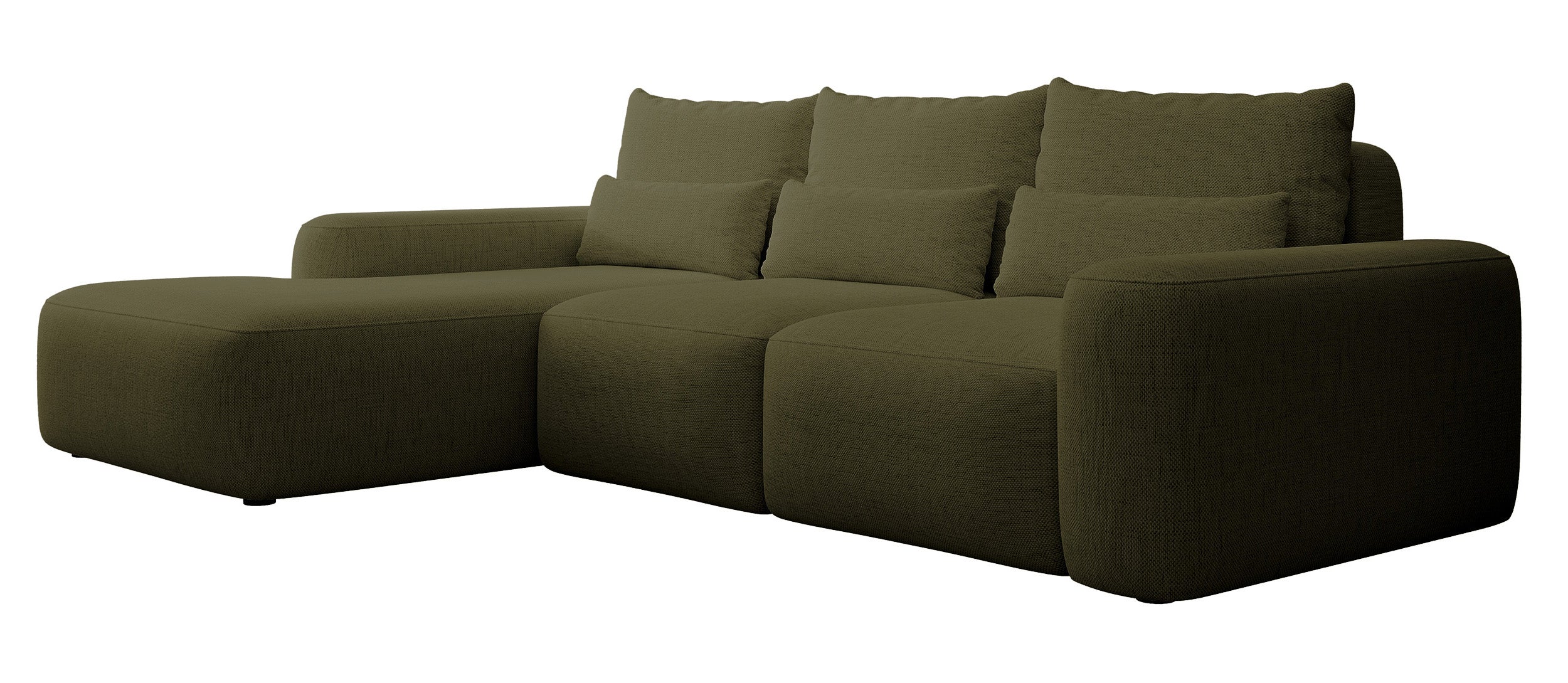 Ecksofa mit Schlaffunktion Carnos, L-förmig, mit zusätzlichen Lendenkissen, olivgrüner hydrophober Chenille-Stoff, linksseitig