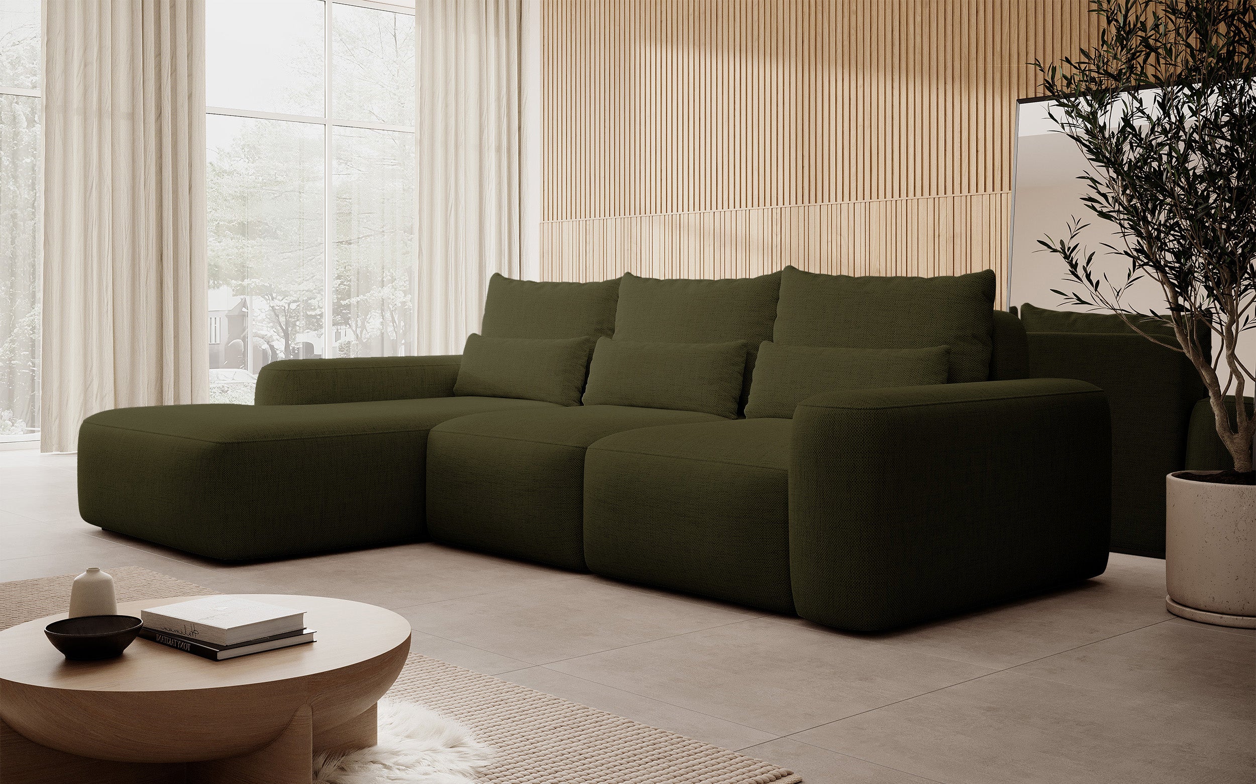 Ecksofa mit Schlaffunktion Carnos, L-förmig, mit zusätzlichen Lendenkissen, olivgrüner hydrophober Chenille-Stoff, linksseitig