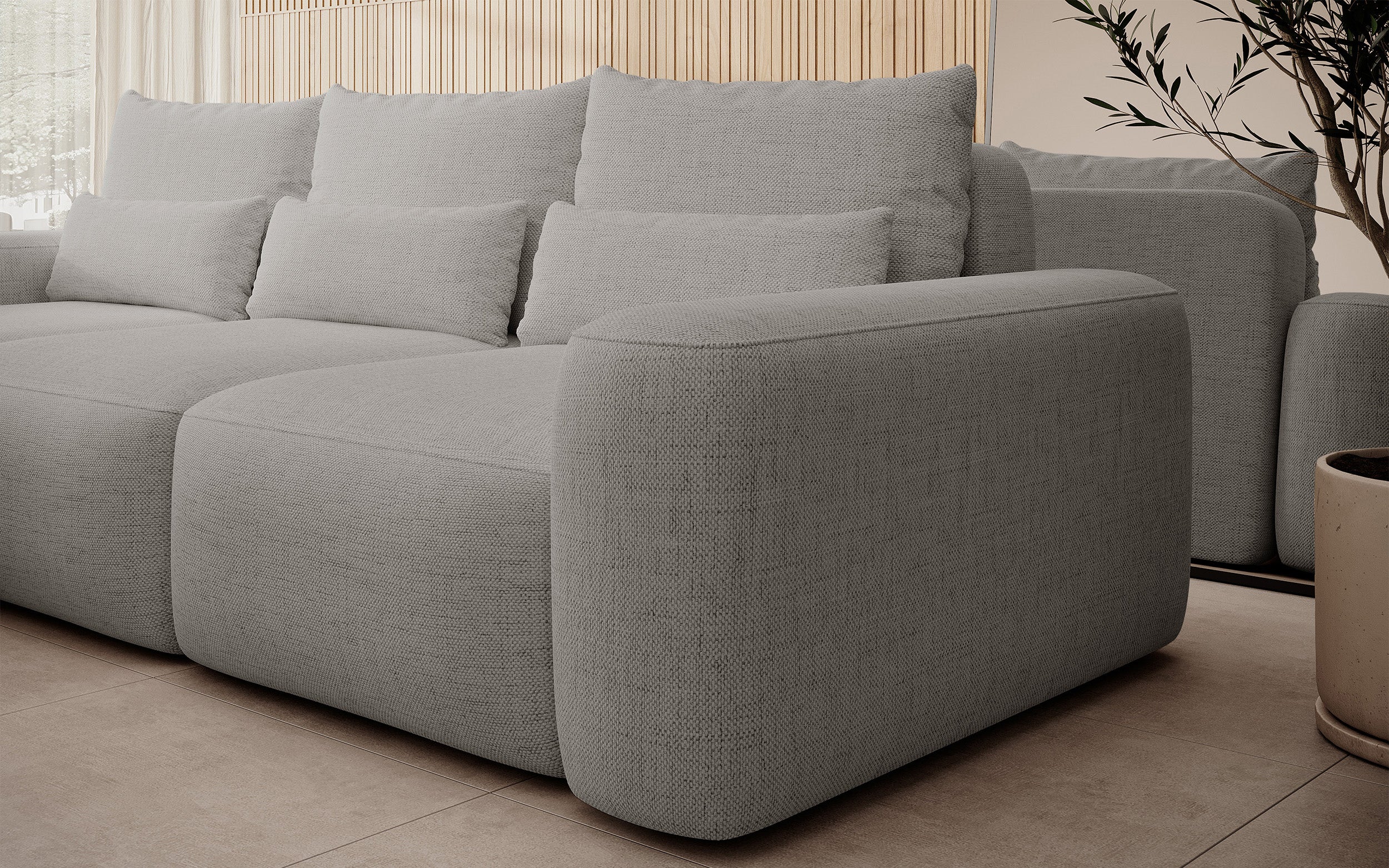 Ecksofa mit Schlaffunktion Carnos, L-förmig, mit zusätzlichen Lendenkissen, grauer hydrophober Chenille-Stoff, linksseitig