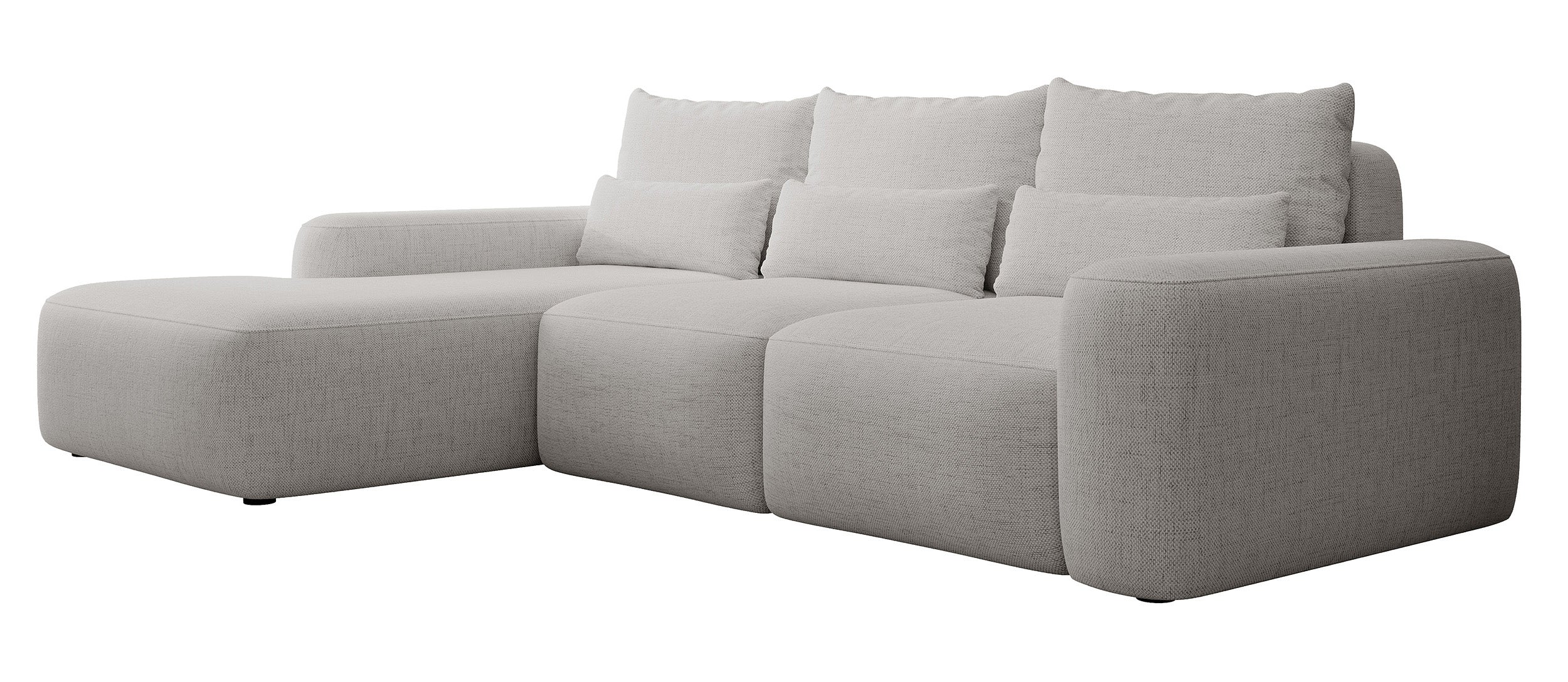 Ecksofa mit Schlaffunktion Carnos, L-förmig, mit zusätzlichen Lendenkissen, grauer hydrophober Chenille-Stoff, linksseitig