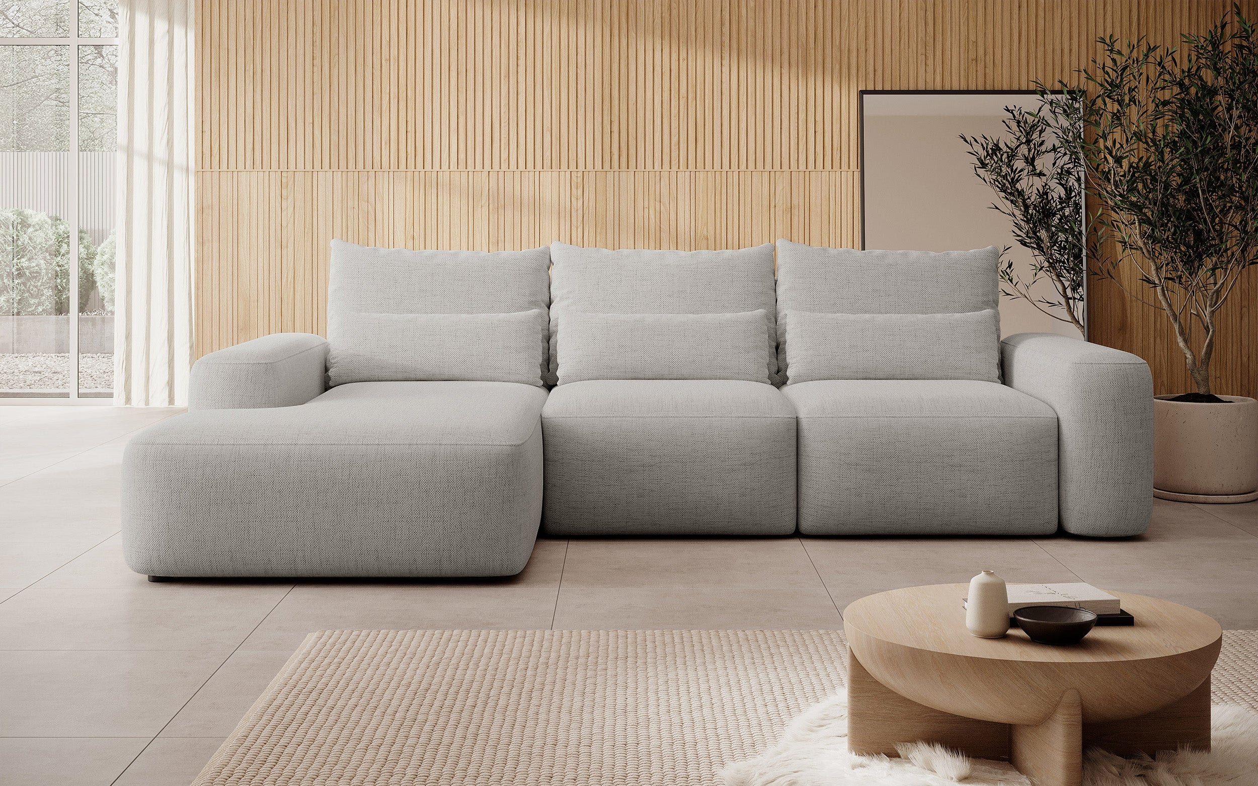 Ecksofa mit Schlaffunktion Carnos, L-förmig, mit zusätzlichen Lendenkissen, grauer hydrophober Chenille-Stoff, linksseitig