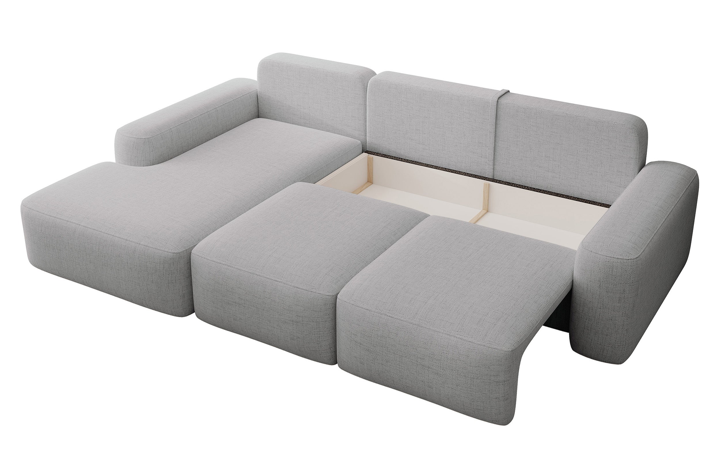 Ecksofa mit Schlaffunktion Carnos, L-förmig, mit zusätzlichen Lendenkissen, grauer hydrophober Chenille-Stoff, linksseitig