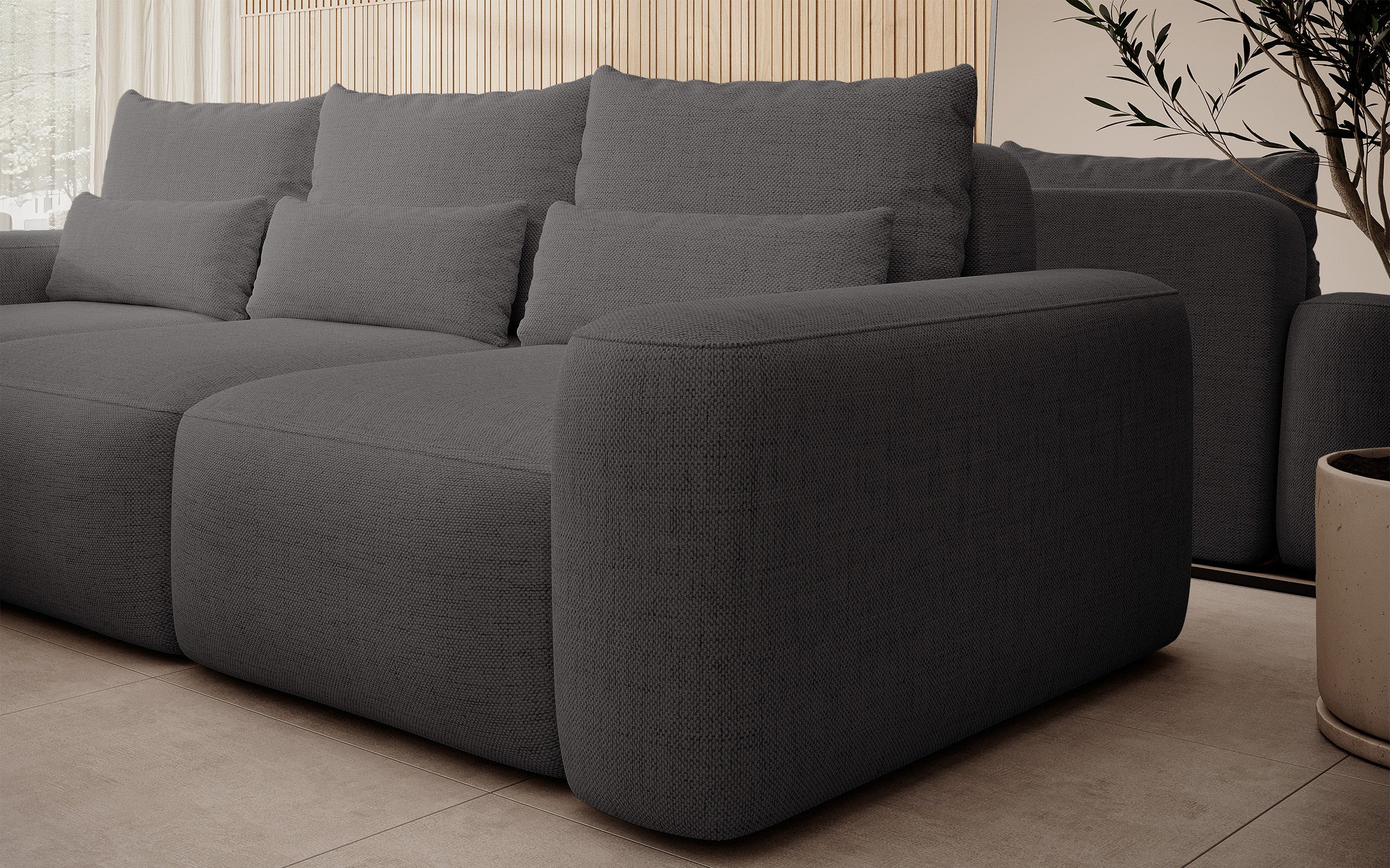 Ecksofa mit Schlaffunktion Carnos, L-förmig, mit zusätzlichen Lendenkissen, dunkelgrauer hydrophober Chenille-Stoff, linksseitig