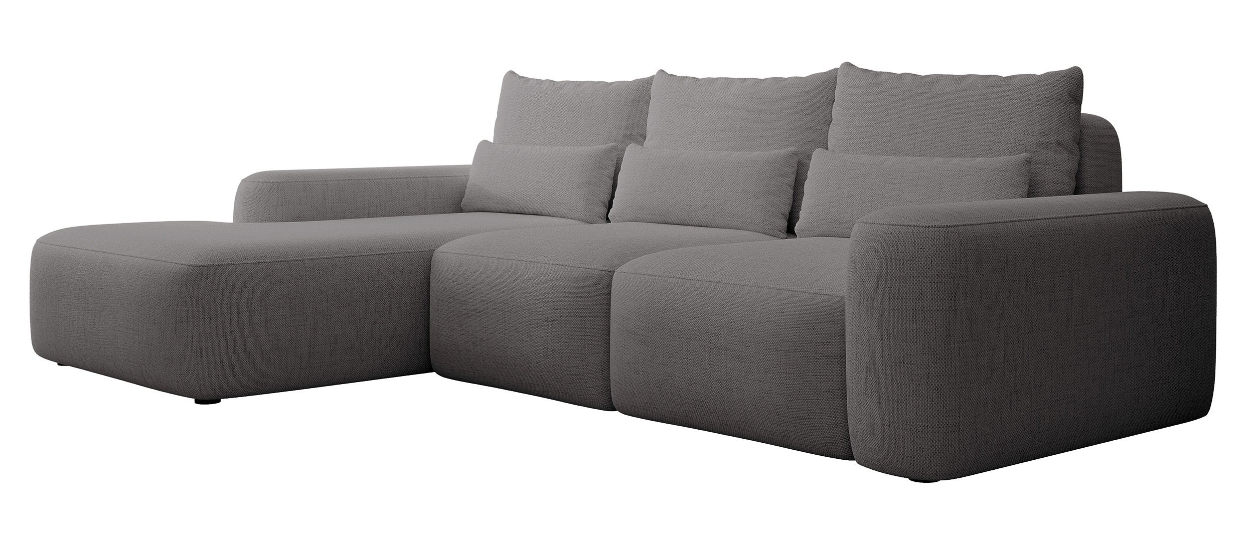 Ecksofa mit Schlaffunktion Carnos, L-förmig, mit zusätzlichen Lendenkissen, dunkelgrauer hydrophober Chenille-Stoff, linksseitig