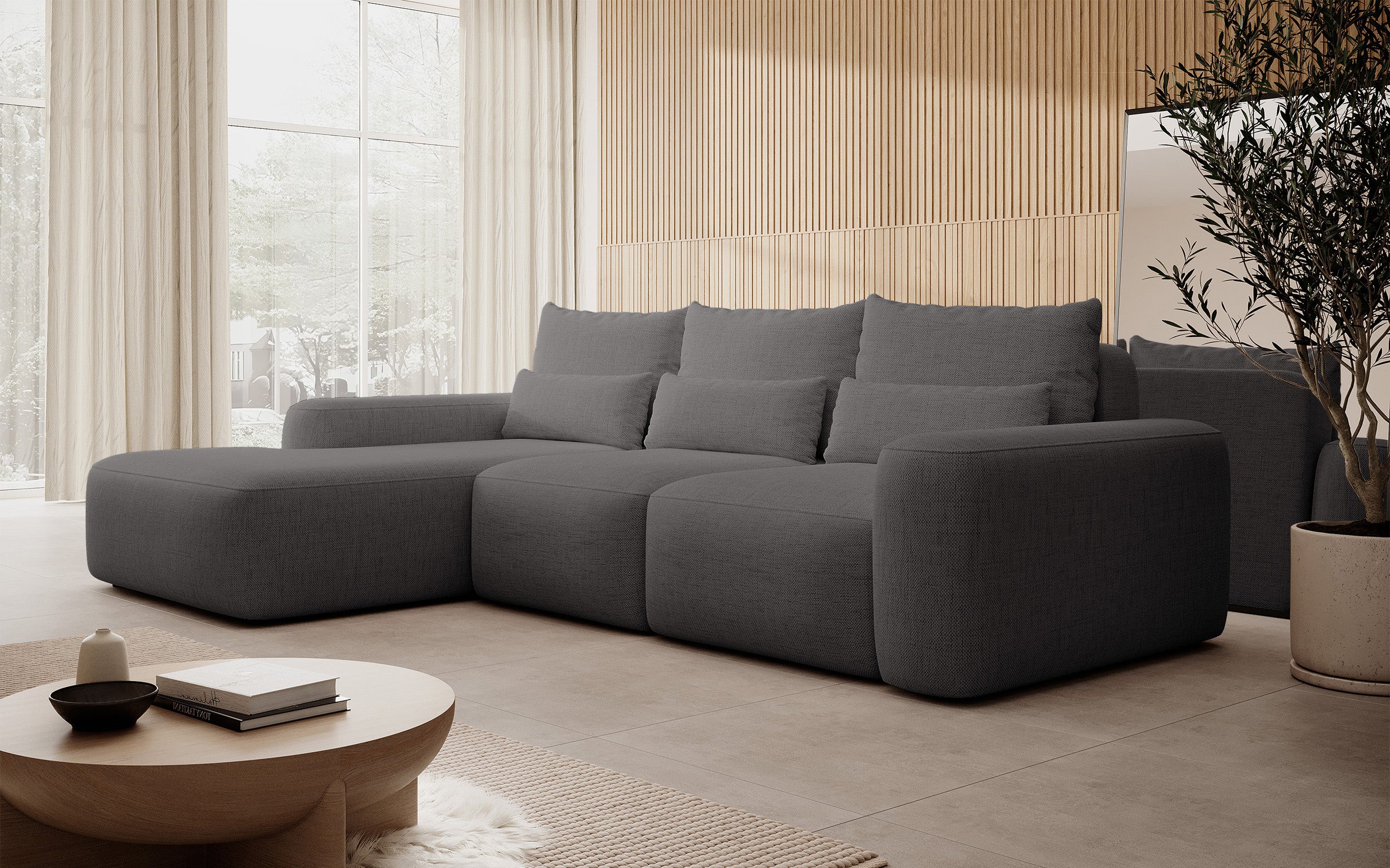 Ecksofa mit Schlaffunktion Carnos, L-förmig, mit zusätzlichen Lendenkissen, dunkelgrauer hydrophober Chenille-Stoff, linksseitig