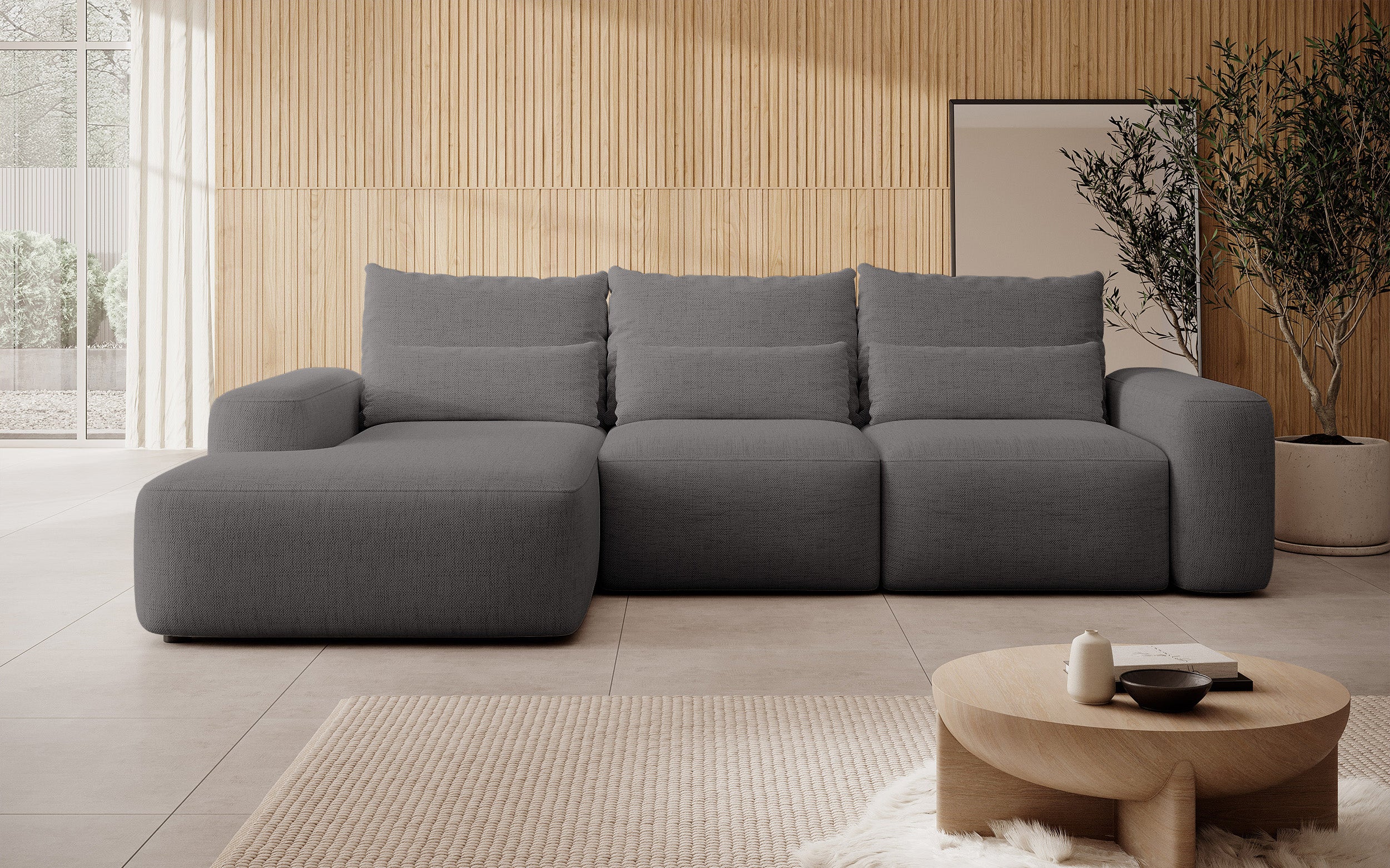 Ecksofa mit Schlaffunktion Carnos, L-förmig, mit zusätzlichen Lendenkissen, dunkelgrauer hydrophober Chenille-Stoff, linksseitig