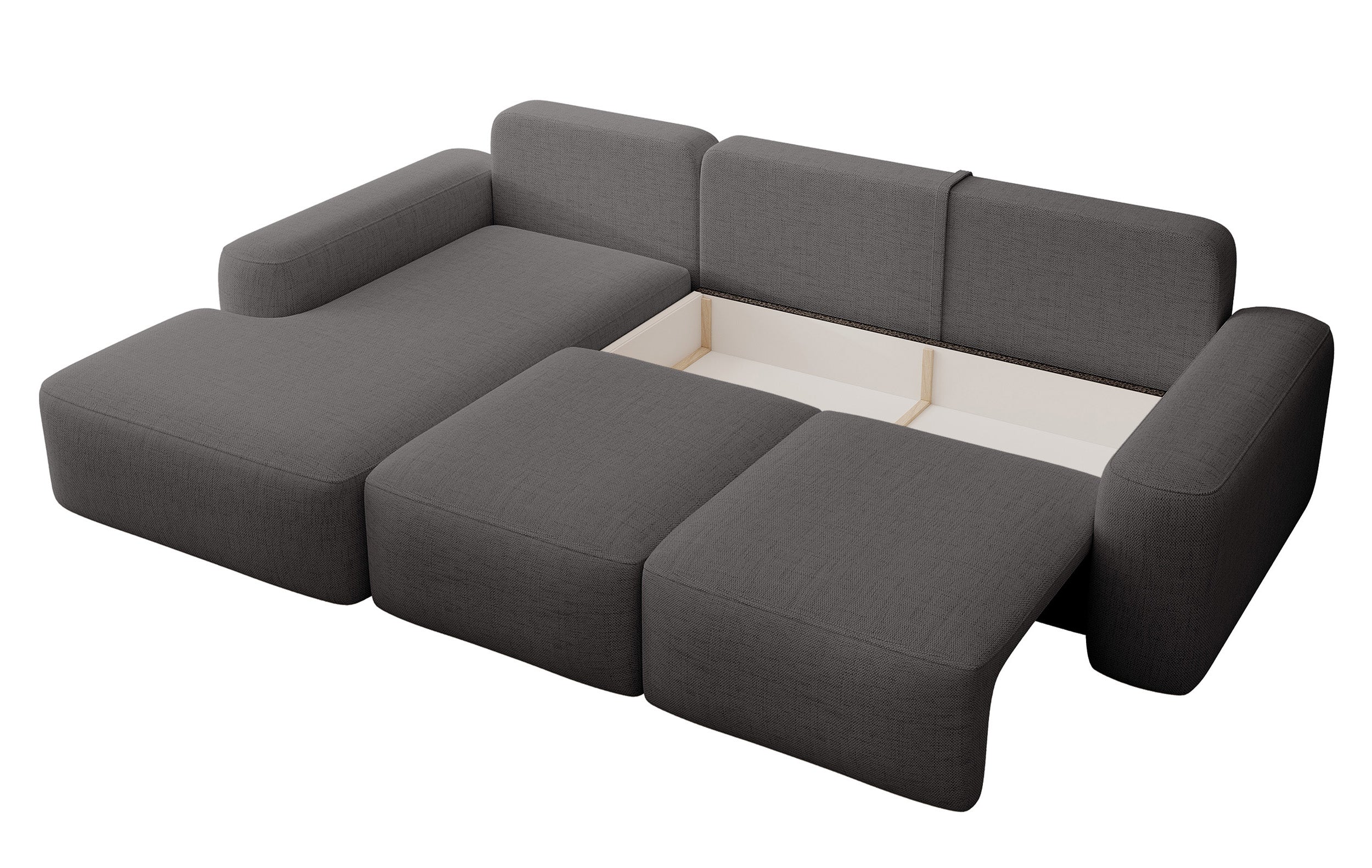 Ecksofa mit Schlaffunktion Carnos, L-förmig, mit zusätzlichen Lendenkissen, dunkelgrauer hydrophober Chenille-Stoff, linksseitig