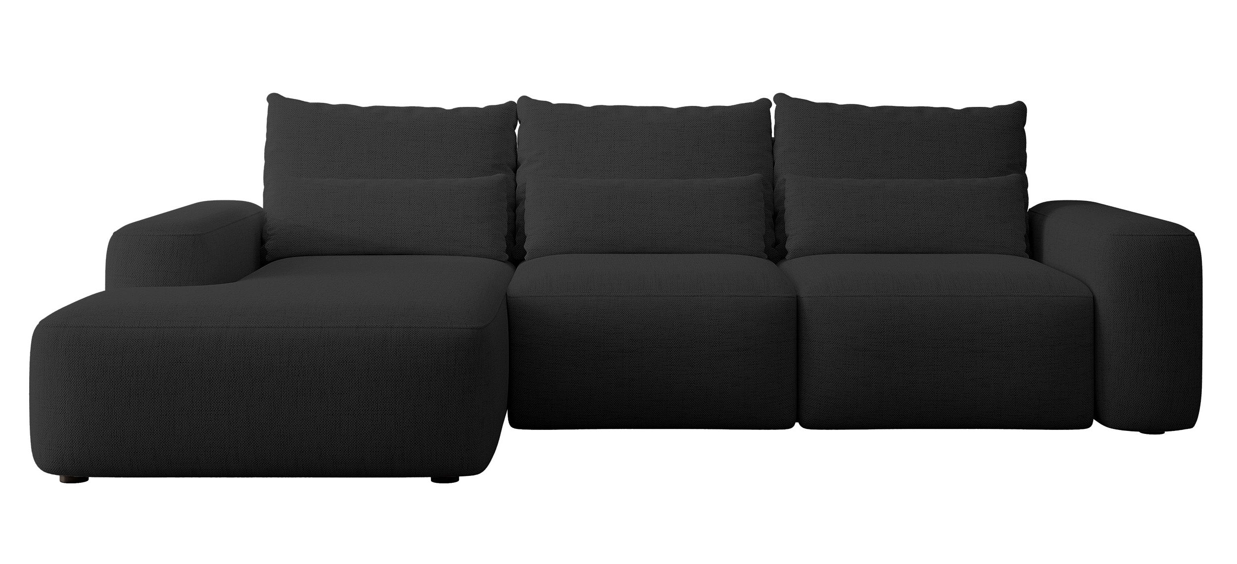 Ecksofa mit Schlafunktion Carnos, L-förmig, mit zusätzlichen Lendenkissen, schwarzer hydrophober Chenille, linksseitig