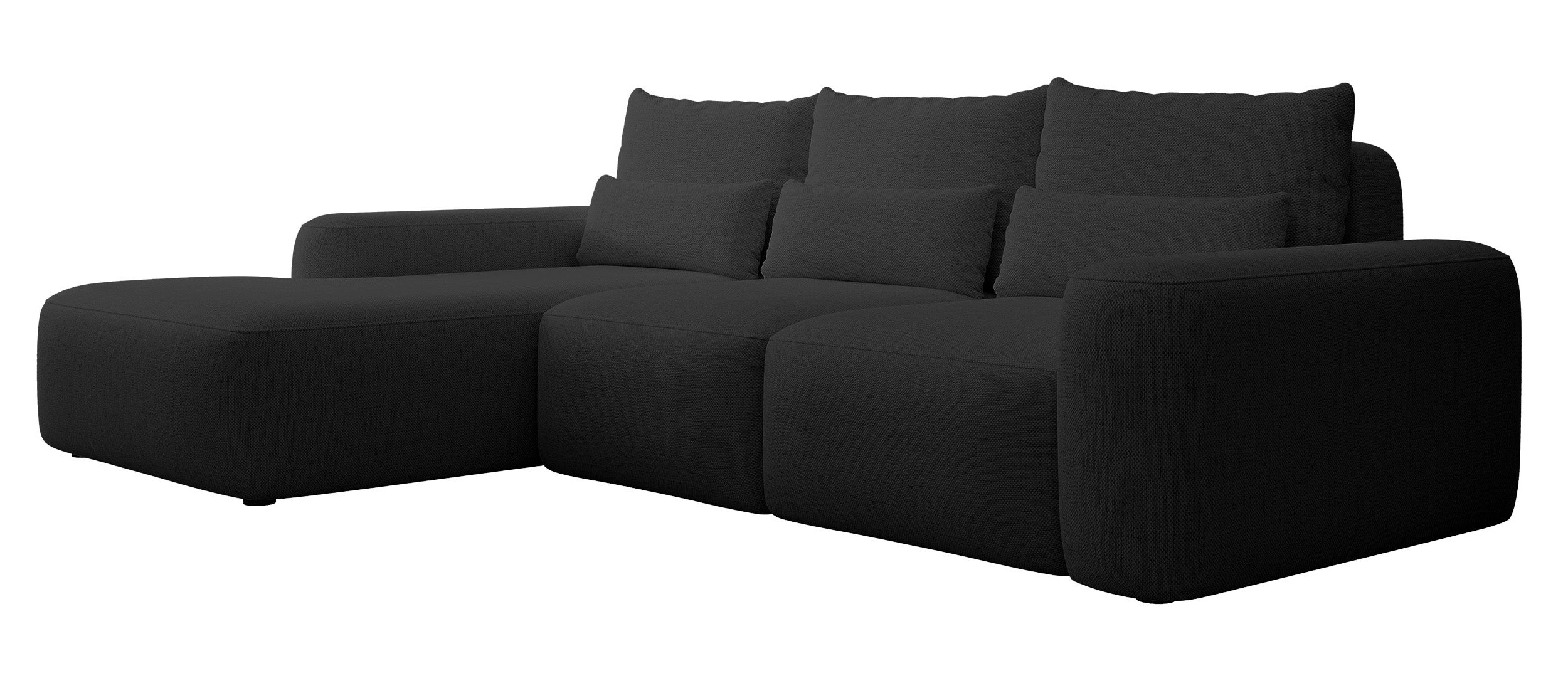 Ecksofa mit Schlafunktion Carnos, L-förmig, mit zusätzlichen Lendenkissen, schwarzer hydrophober Chenille, linksseitig