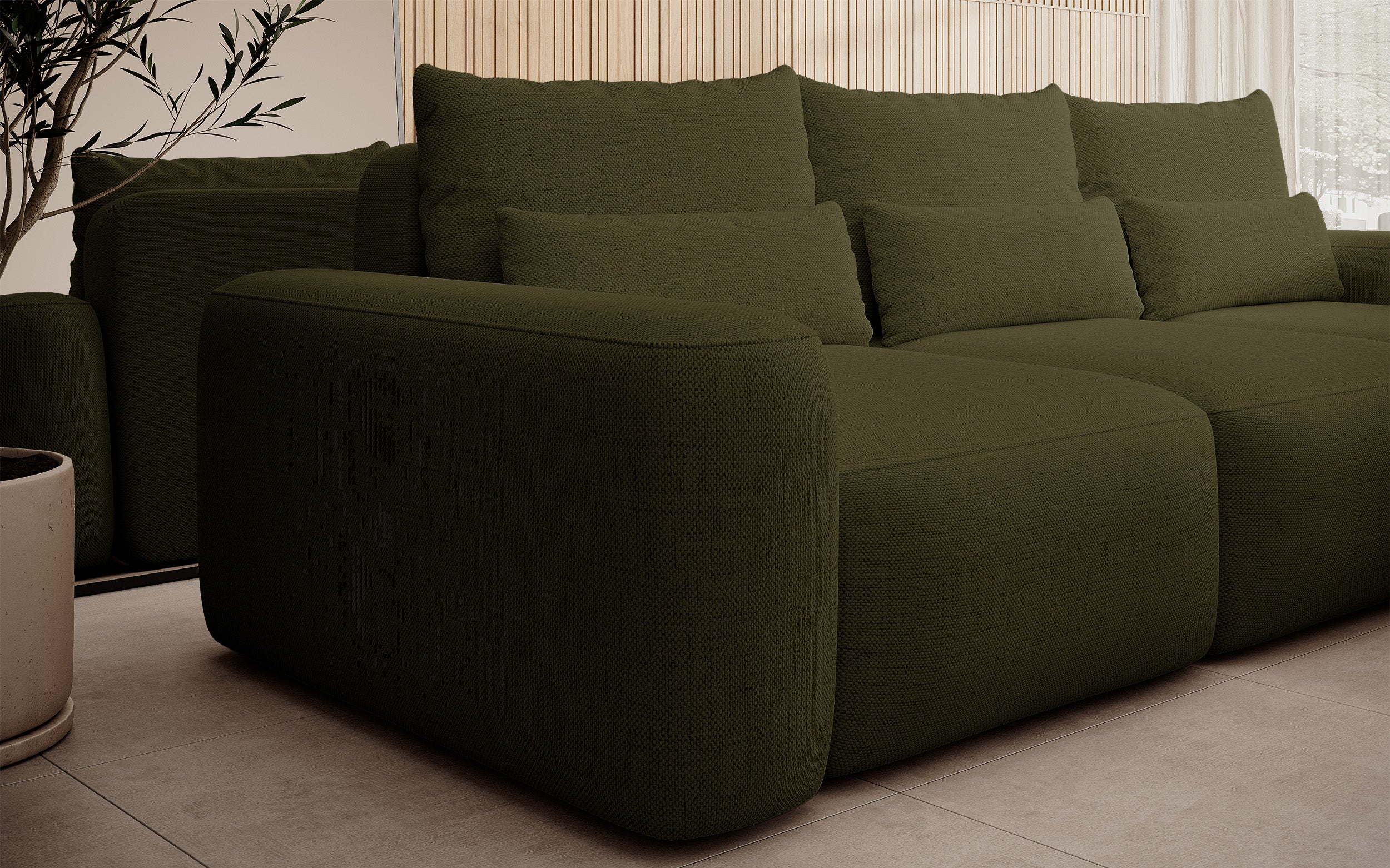 Ecksofa mit Schlaffunktion Carnos, L-förmig, mit zusätzlichen Lendenkissen, olivgrüner hydrophober Chenille, rechtsseitig