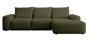 Ecksofa mit Schlaffunktion Carnos, L-förmig, mit zusätzlichen Lendenkissen, olivgrüner hydrophober Chenille, rechtsseitig