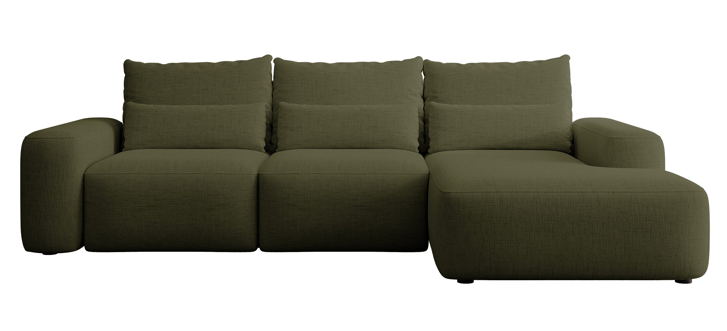 Ecksofa mit Schlaffunktion Carnos, L-förmig, mit zusätzlichen Lendenkissen, olivgrüner hydrophober Chenille, rechtsseitig