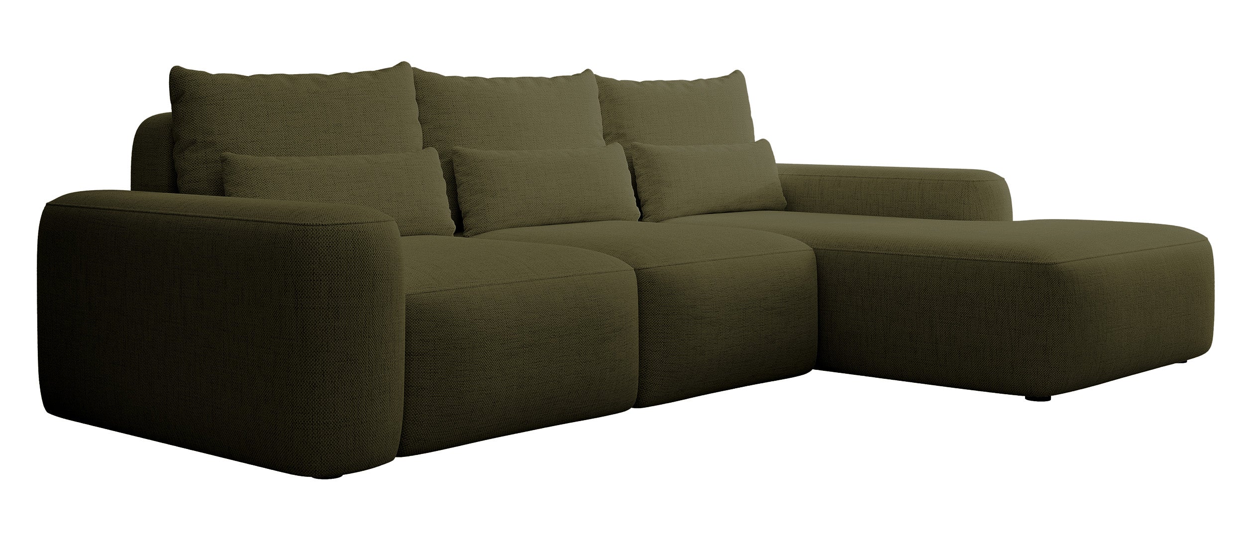 Ecksofa mit Schlaffunktion Carnos, L-förmig, mit zusätzlichen Lendenkissen, olivgrüner hydrophober Chenille, rechtsseitig