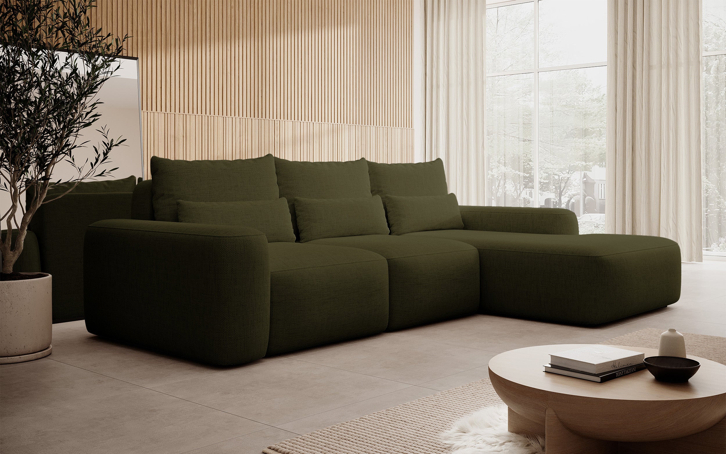 Ecksofa mit Schlaffunktion Carnos, L-förmig, mit zusätzlichen Lendenkissen, olivgrüner hydrophober Chenille, rechtsseitig