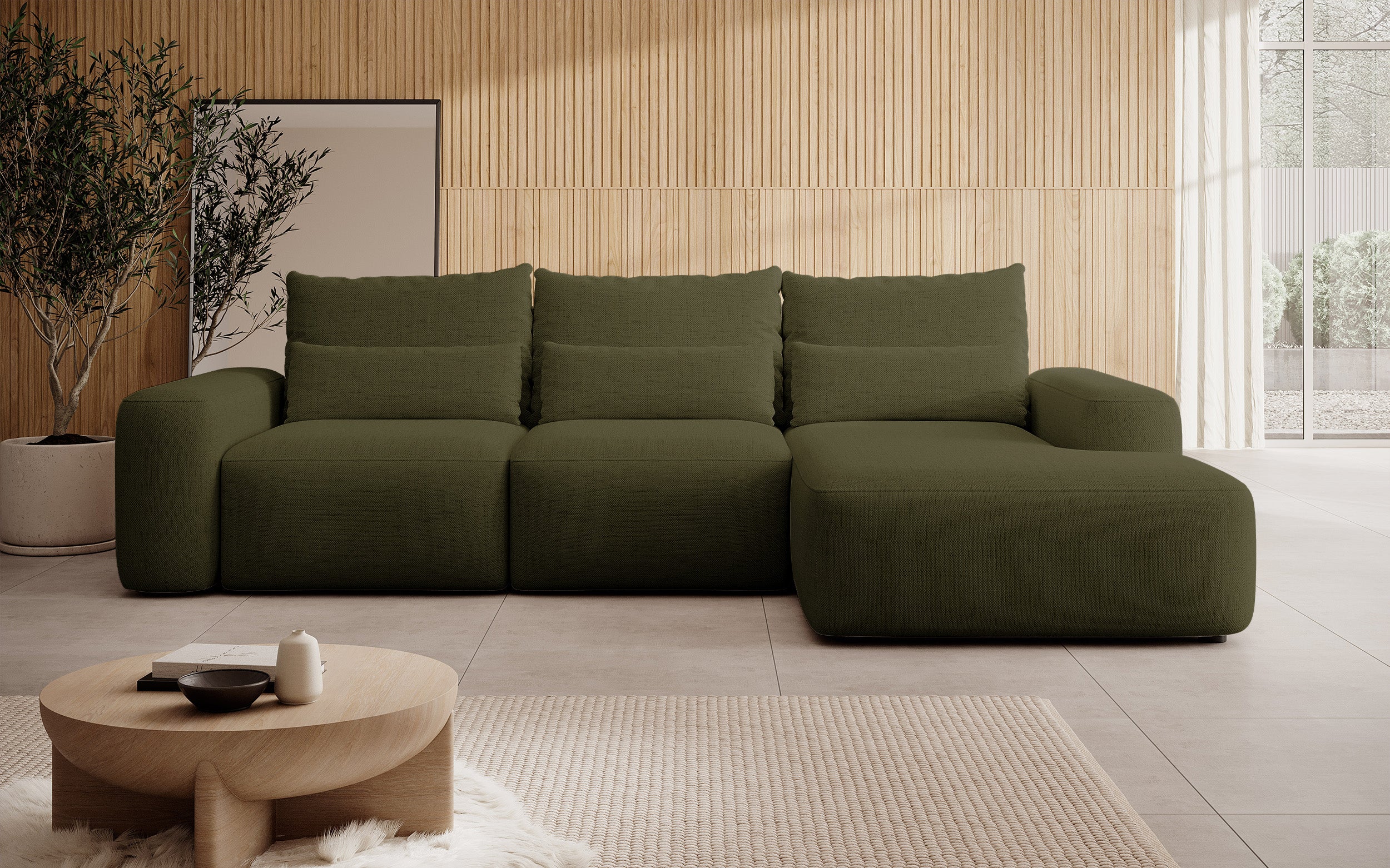 Ecksofa mit Schlaffunktion Carnos, L-förmig, mit zusätzlichen Lendenkissen, olivgrüner hydrophober Chenille, rechtsseitig