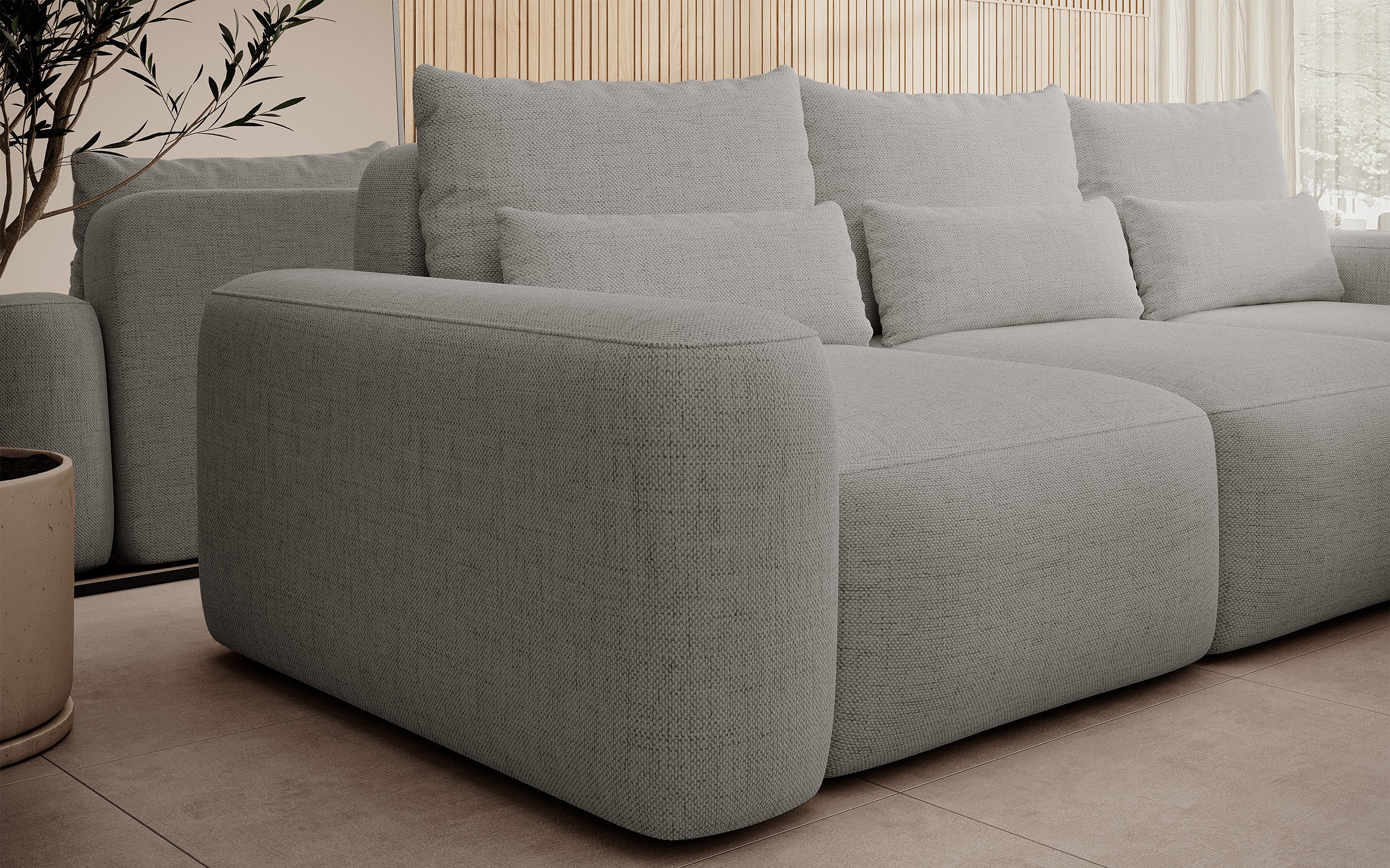 Ecksofa mit Schlaffunktion Carnos, L-förmig, mit zusätzlichen Lendenkissen, grau, hydrophober Chenille-Stoff, rechtsseitig