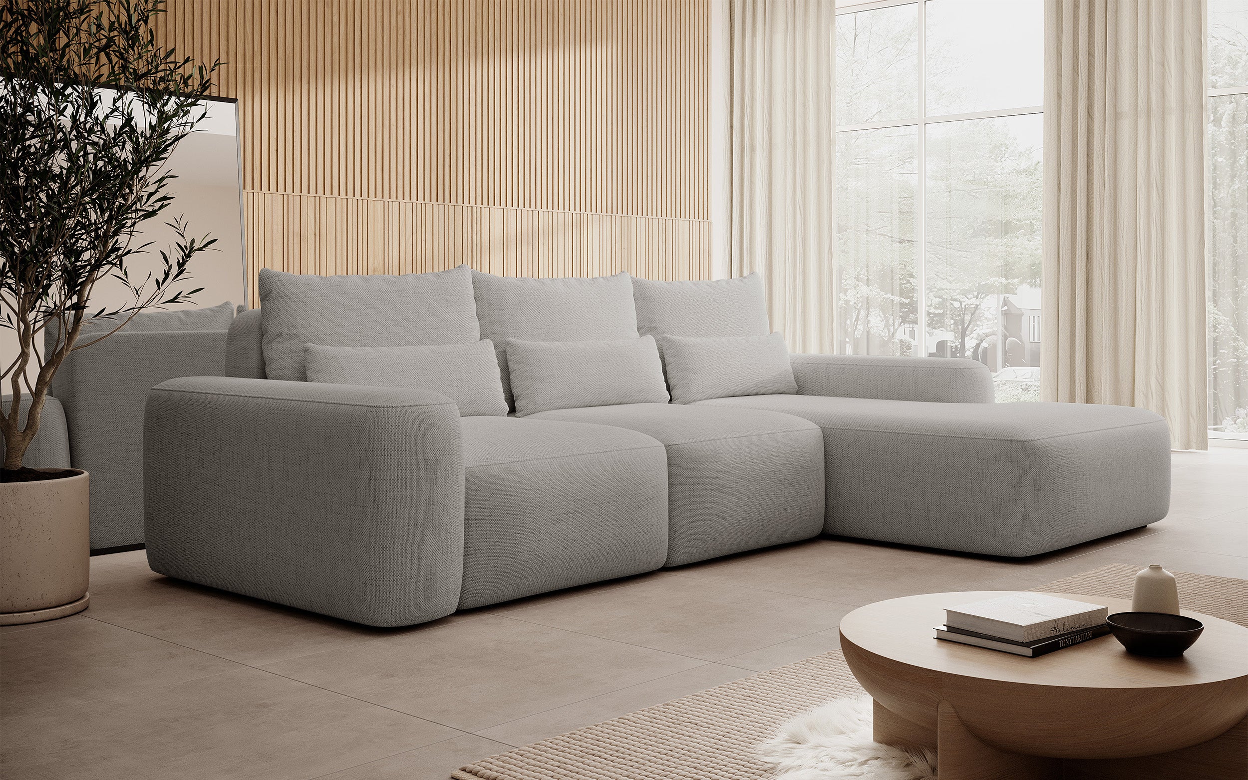Ecksofa mit Schlaffunktion Carnos, L-förmig, mit zusätzlichen Lendenkissen, grau, hydrophober Chenille-Stoff, rechtsseitig