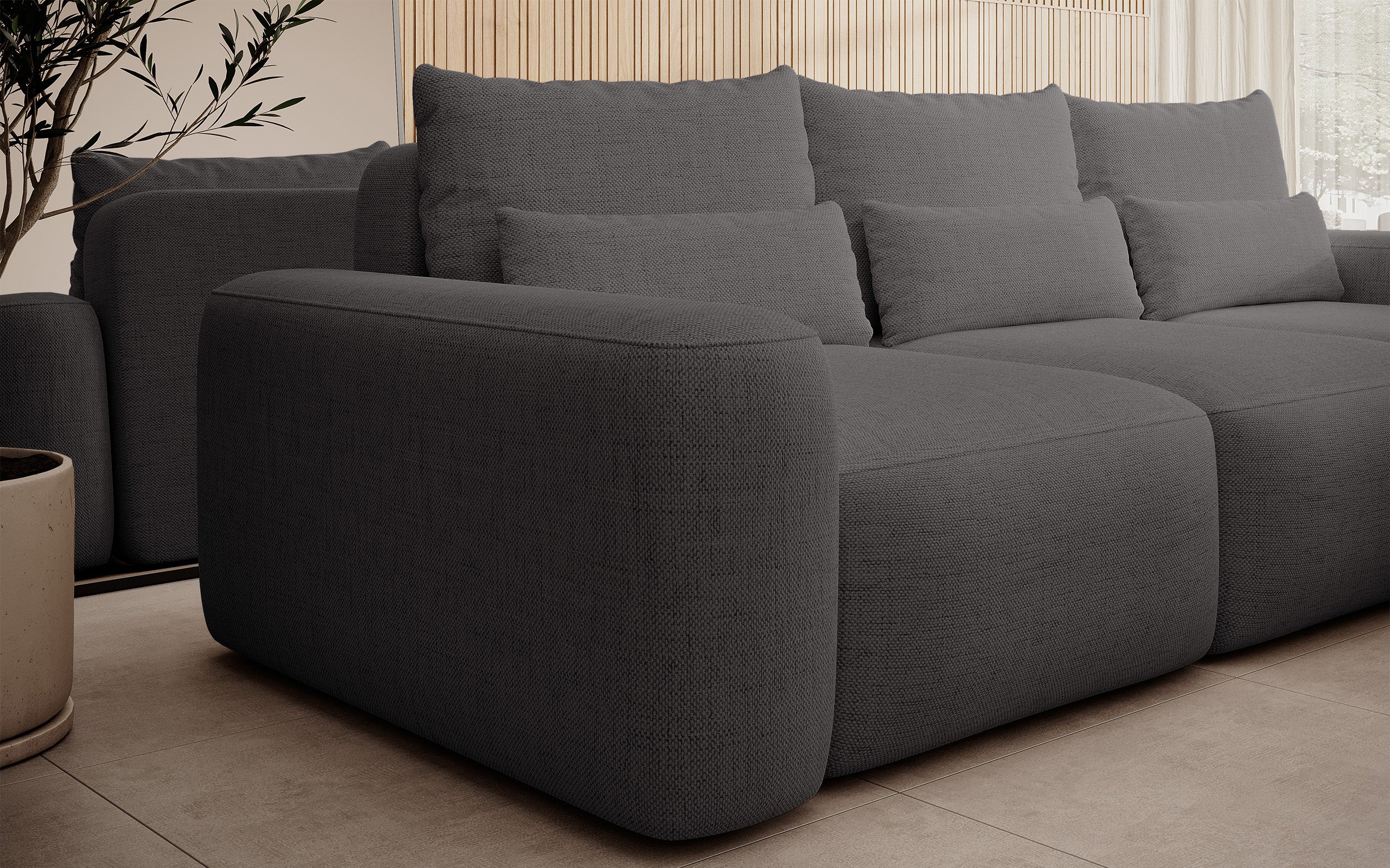 Ecksofa mit Schlaffunktion Carnos, L-förmig, mit zusätzlichen Lendenkissen, dunkelgrauer hydrophober Chenille, rechtsseitig